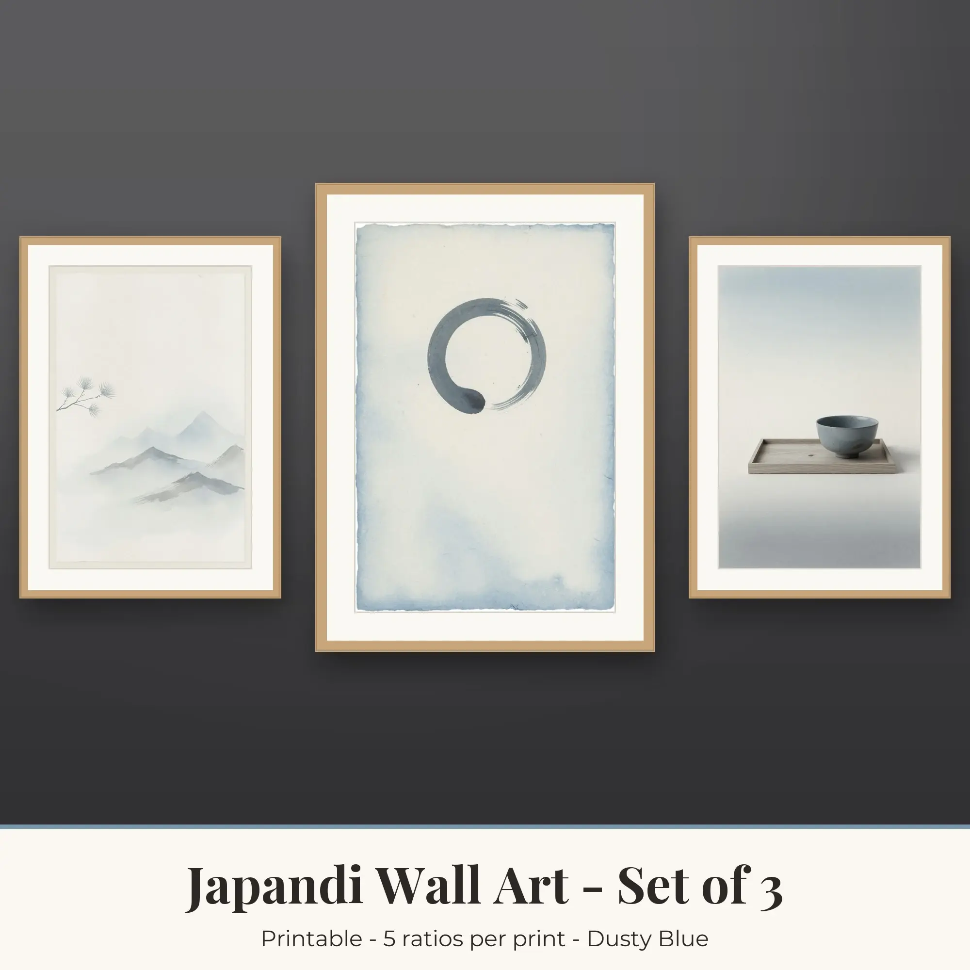 Japandi Wall Art Set of 3, Dusty Blue Mountain Mist & Zen Circle preview