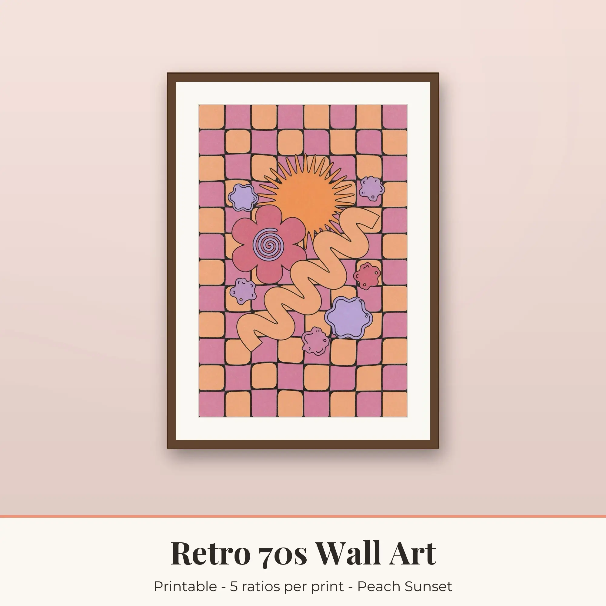 Retro 70s Wall Art Print, Wavy Checks, Printable preview