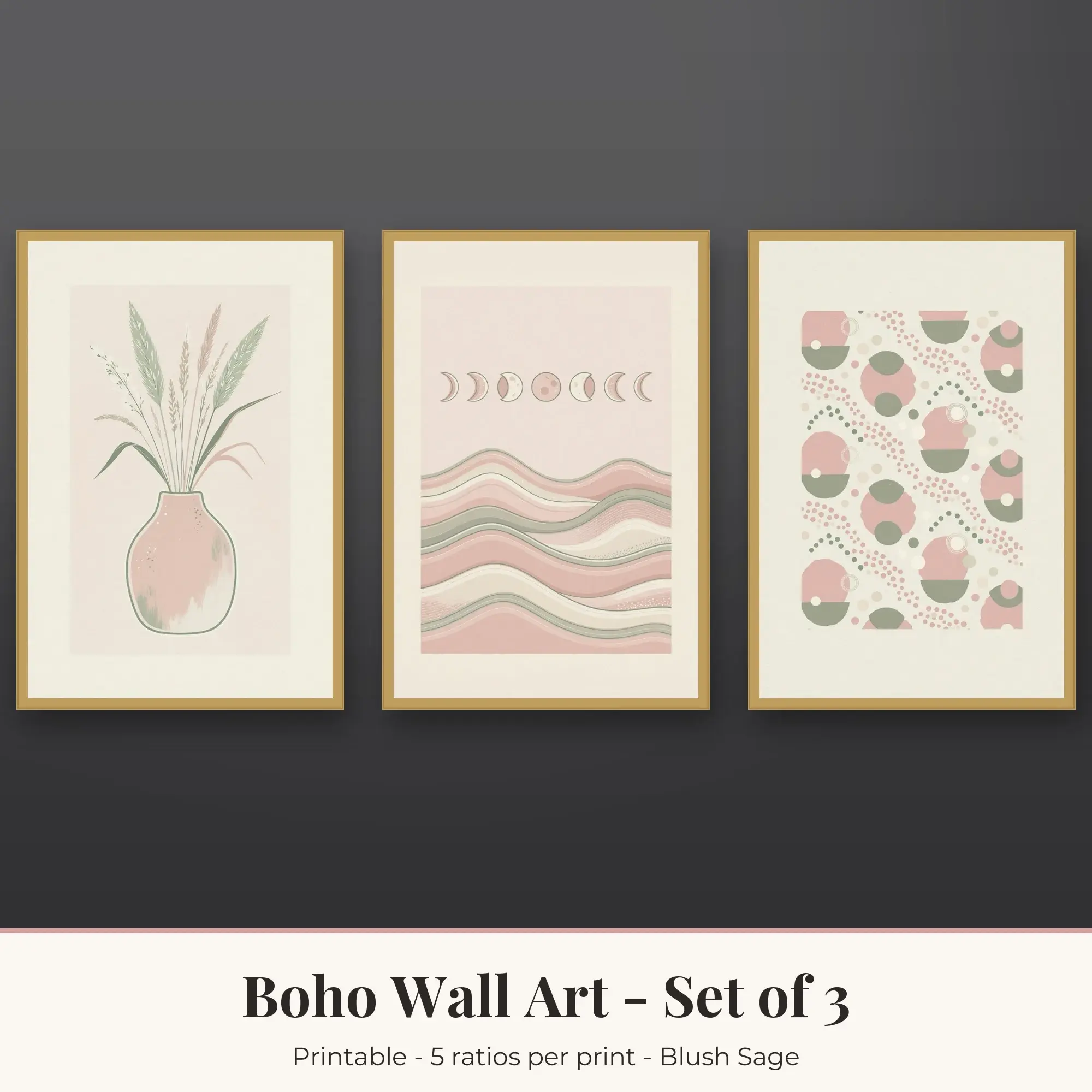Boho Printable Art Set of 3: Boho Vase, Moon Phases & Half Circles preview