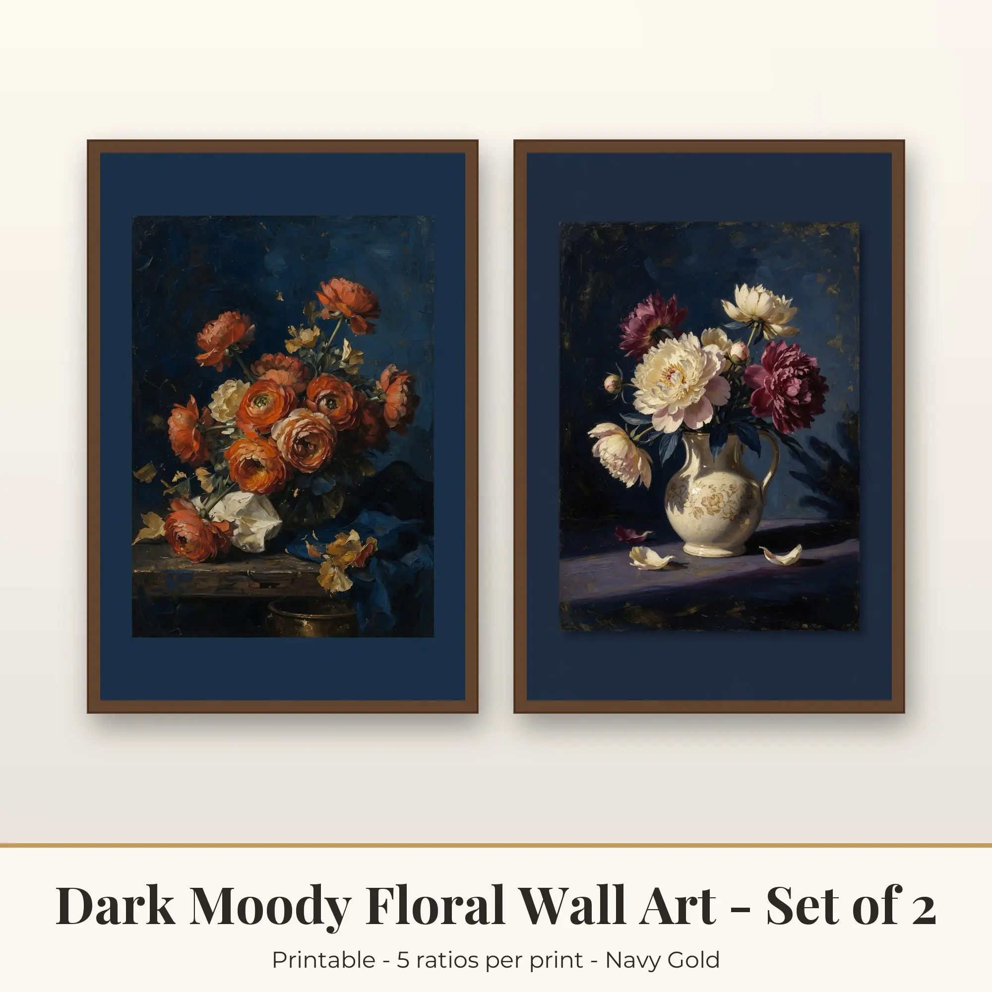 Dark Moody Floral Wall Art Set of 2: Peony Still Life, Navy Gold preview