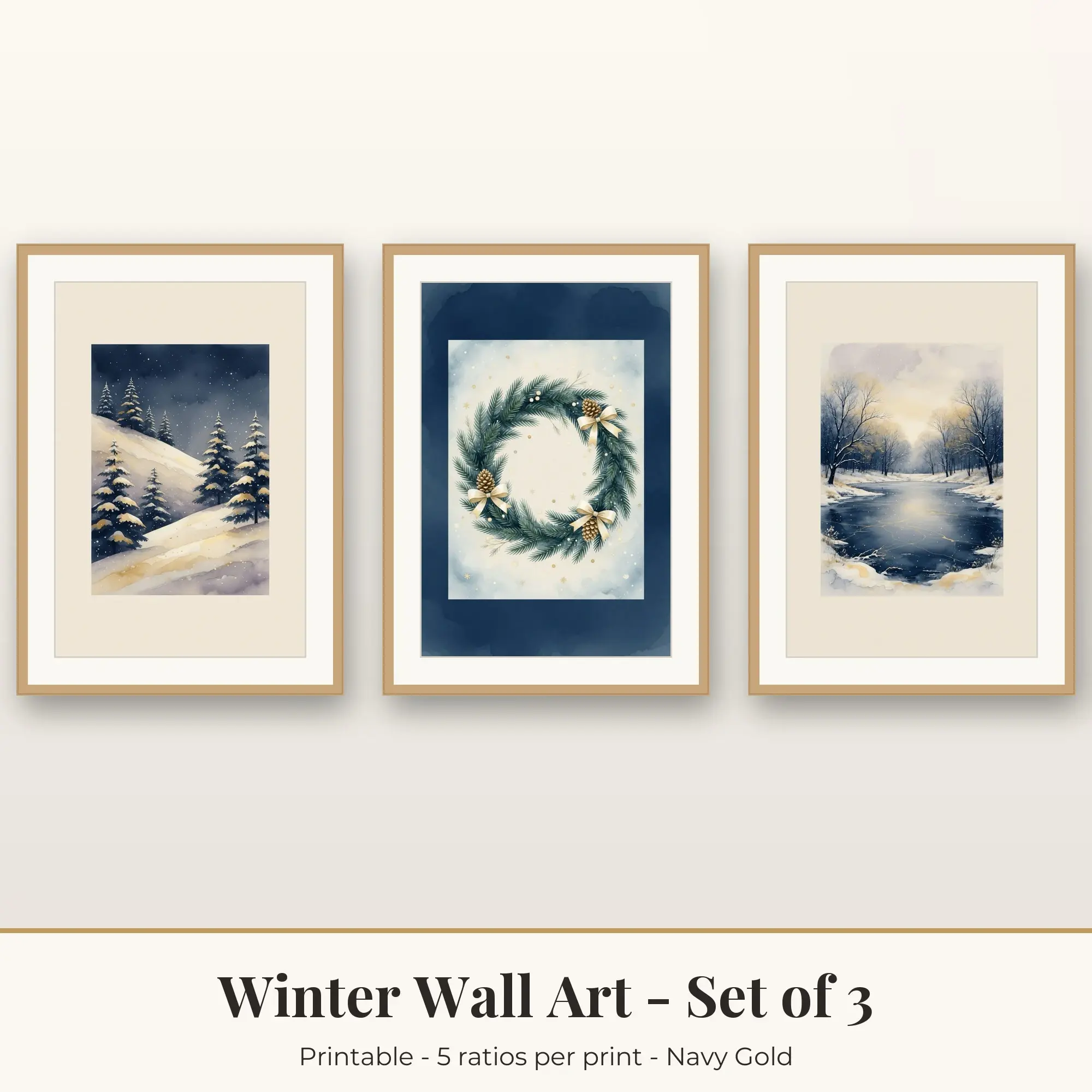 Winter Wall Art Set of 3, Navy Gold Snowy Pines & Winter Wreath preview