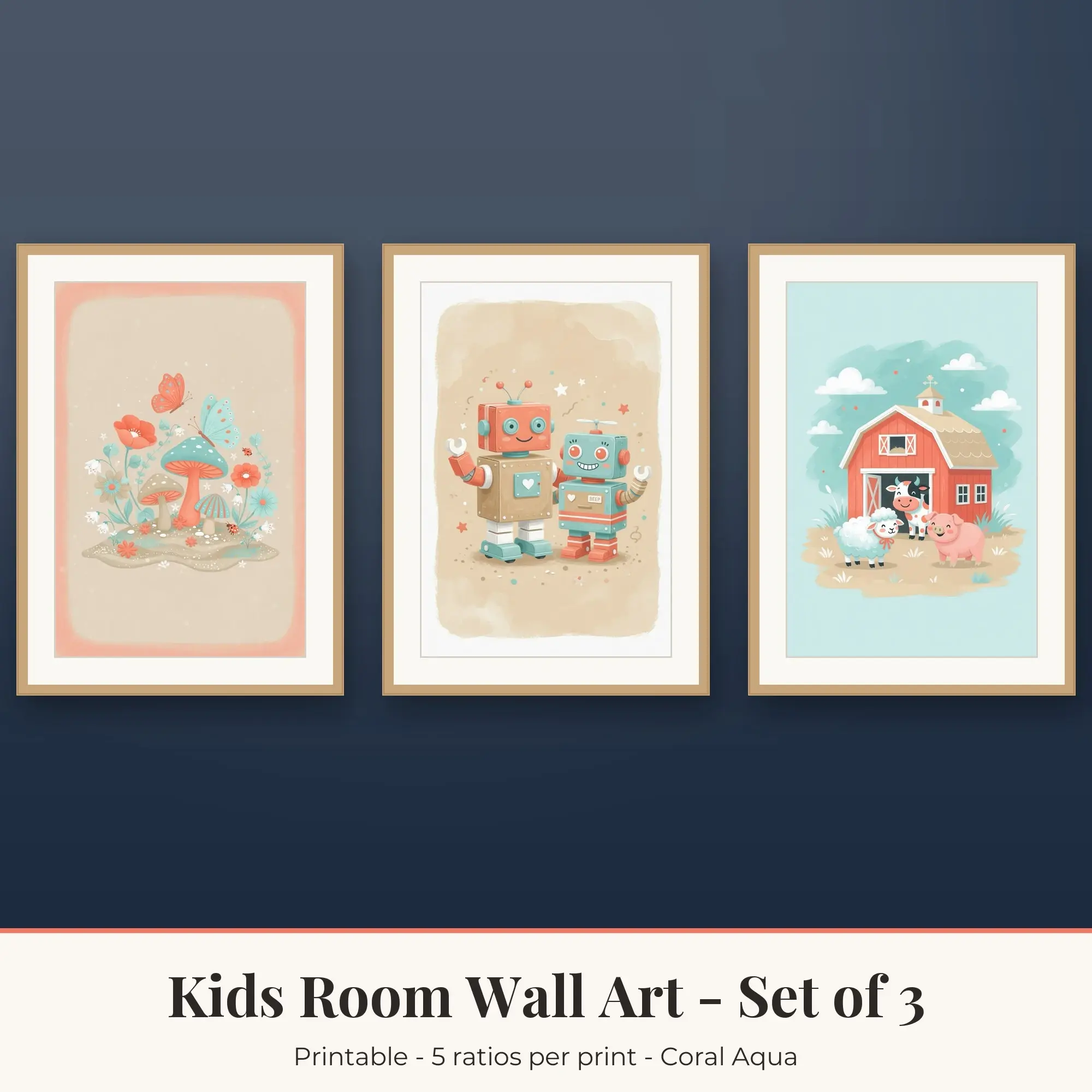Kids Room Wall Art Set of 3, Coral Aqua Fairy Garden & Robots preview