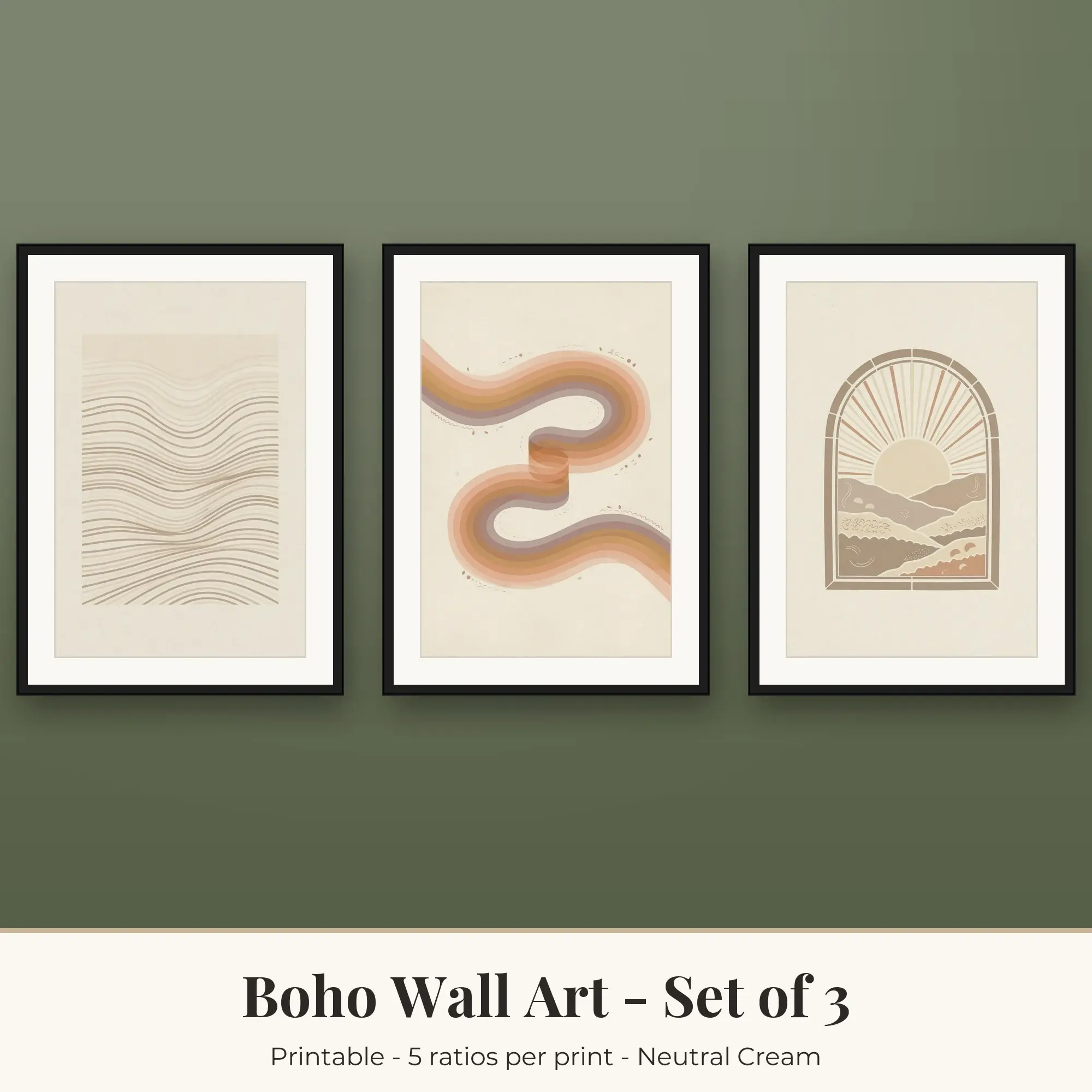 Boho Printable Art Set of 3: Wavy Lines, Wave Rainbow & Sunrise Arch preview