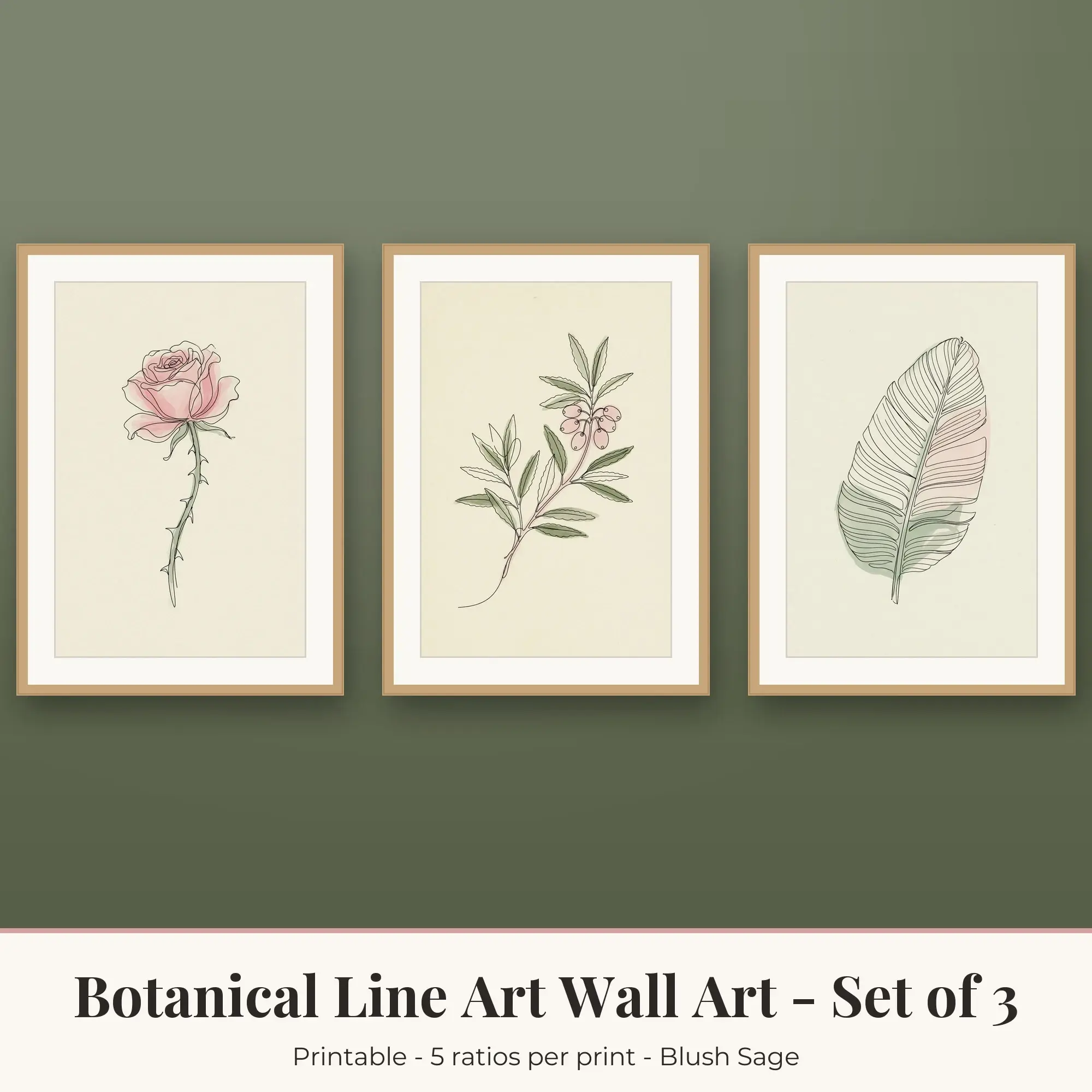 Botanical Line Art Wall Art Set of 3: Olive Branch, Blush Sage preview