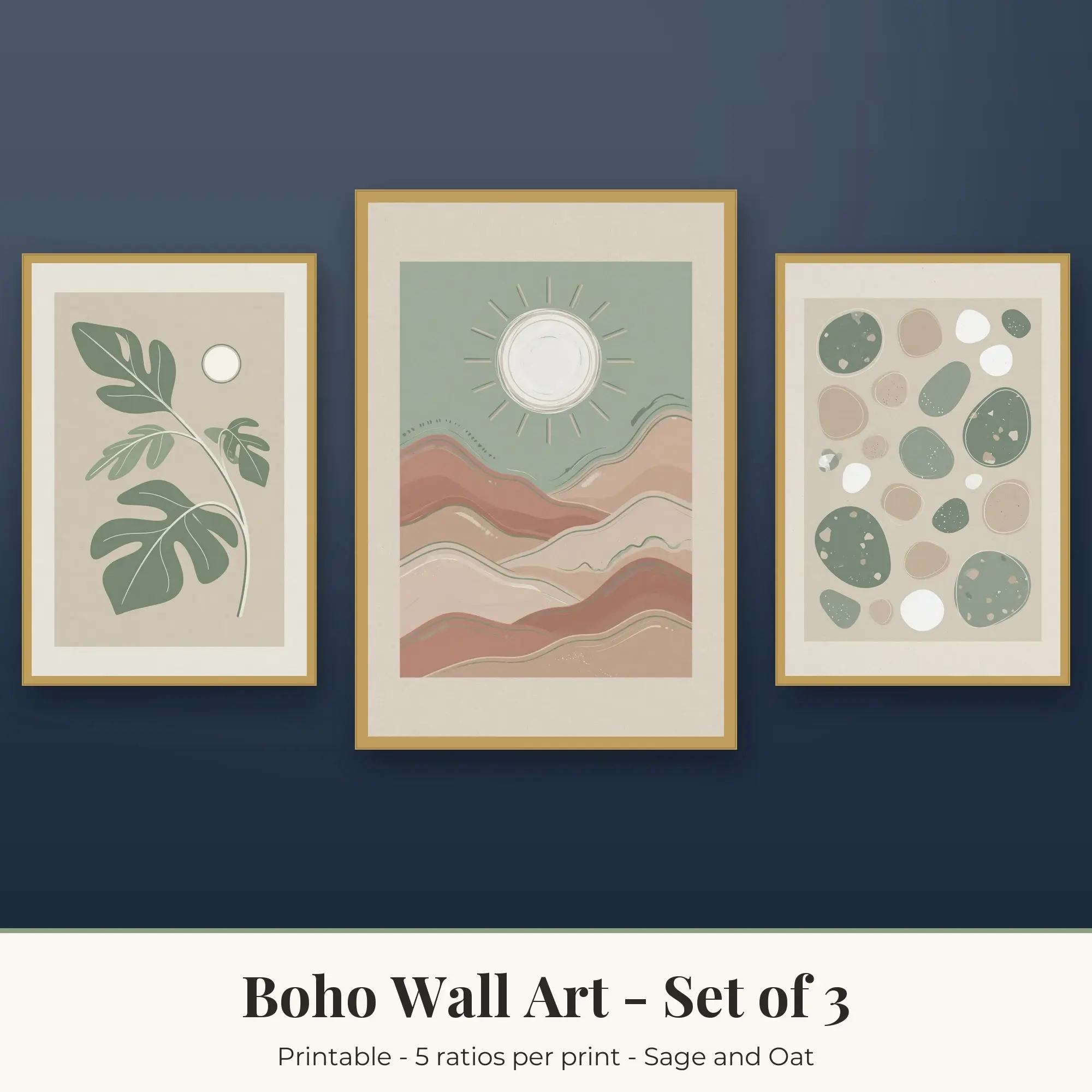 Boho Wall Art Set of 3, Sage and Oat Boho Leaves & Sun and Hills preview