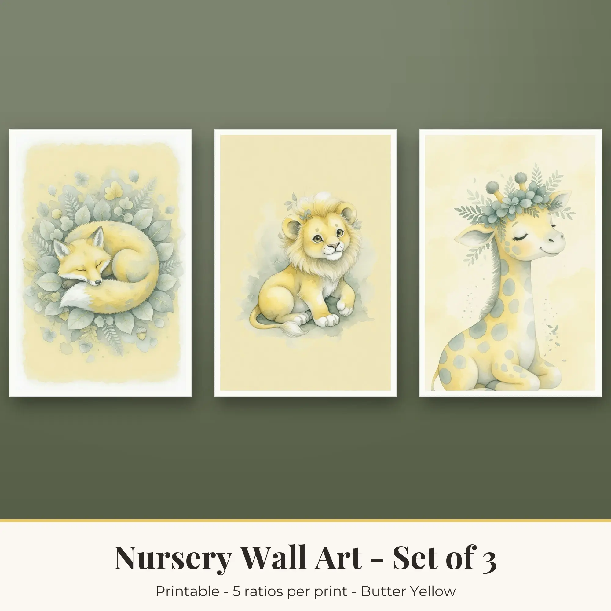 Nursery Wall Art Set of 3, Butter Yellow Woodland Fox & Little Lion preview