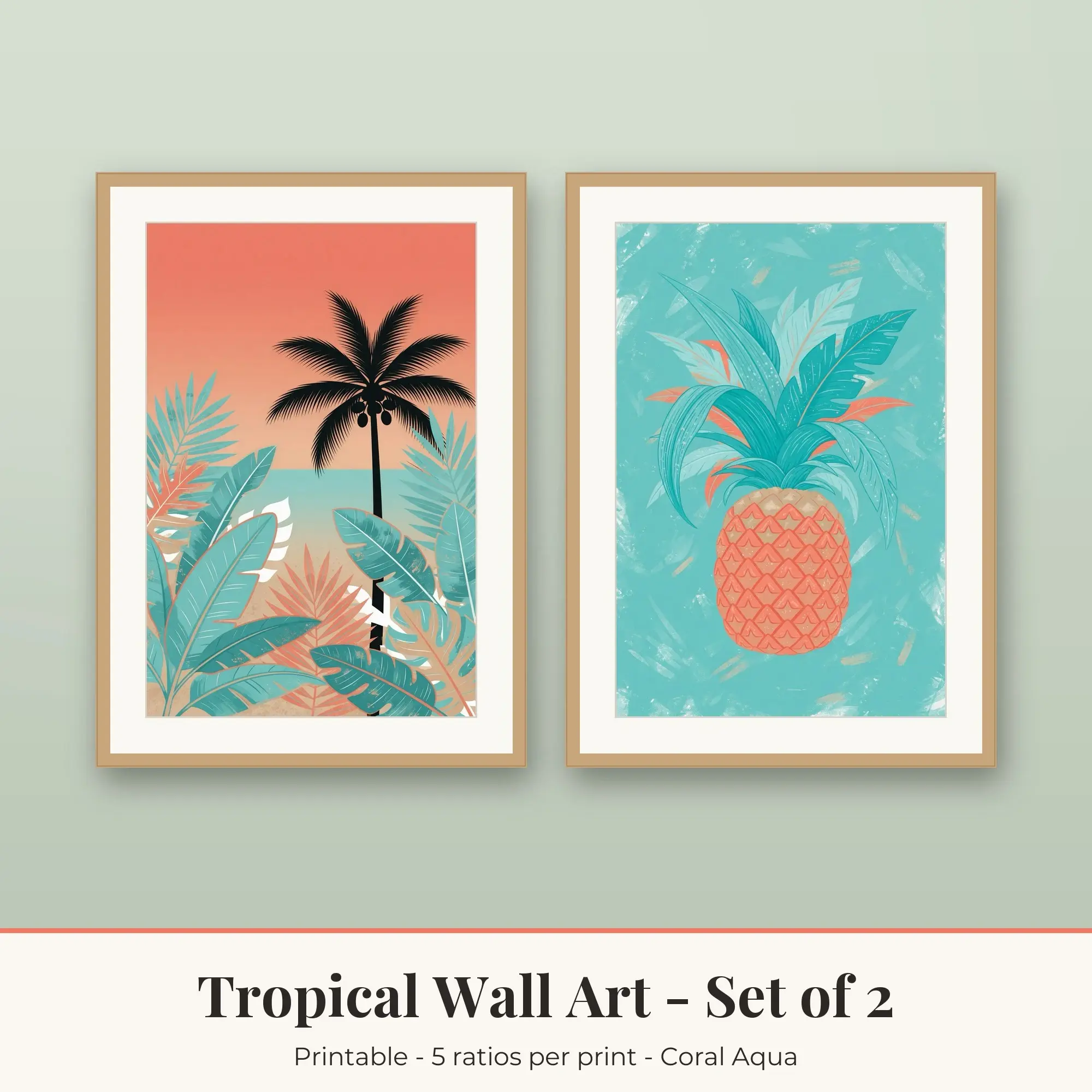 Tropical Wall Art Set of 2, Coral Aqua Coconut Palm & Pineapple preview
