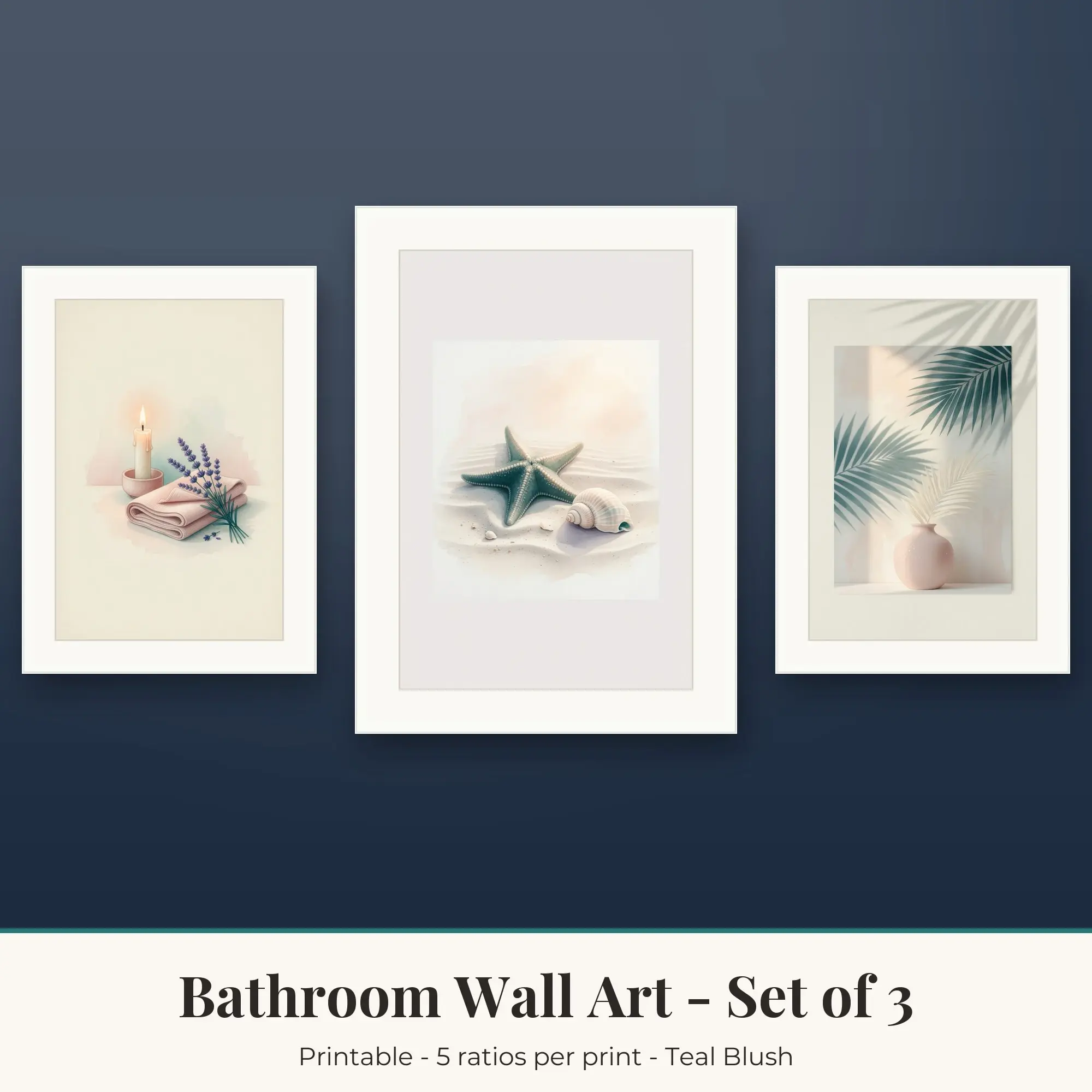 Bathroom Printable Art Set of 3: Candle Glow, Starfish & Palm Shadow preview