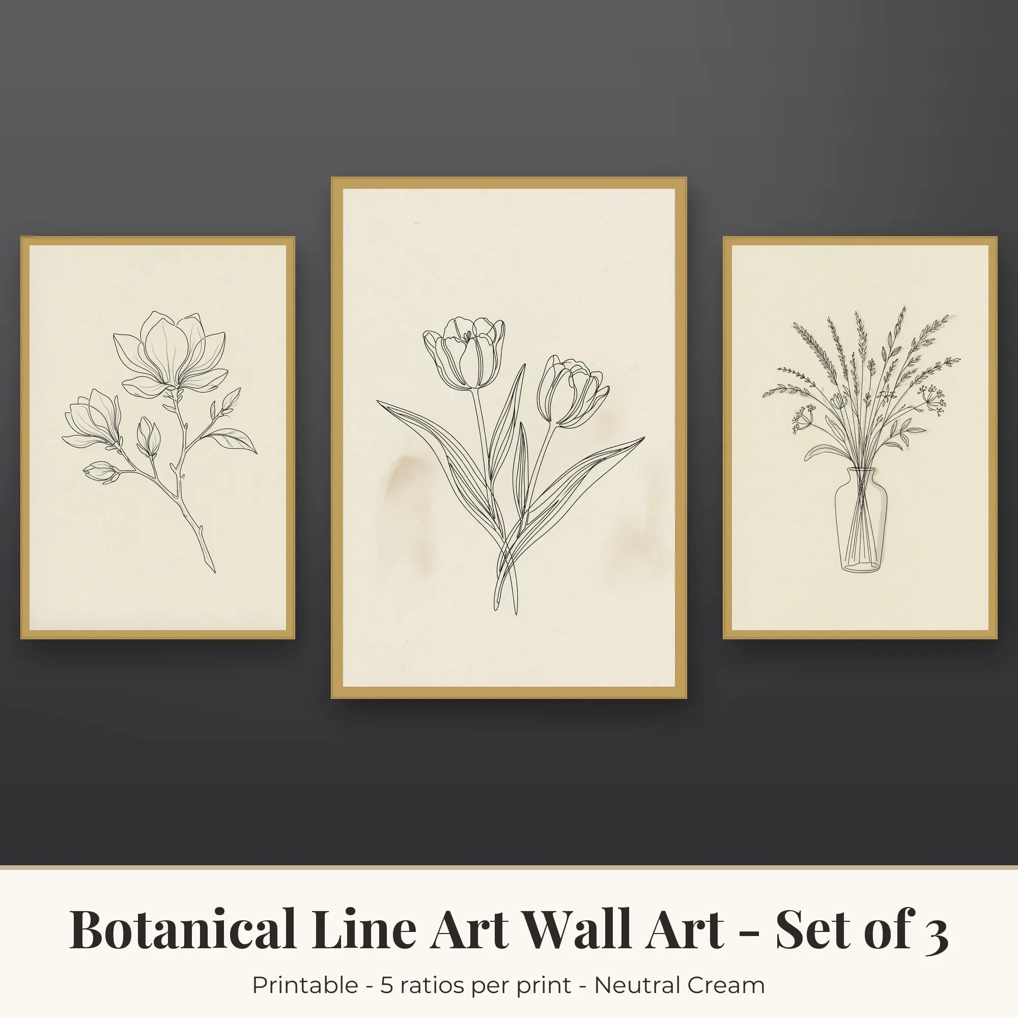Botanical Line Art Set of 3: Magnolia, Neutral Cream preview
