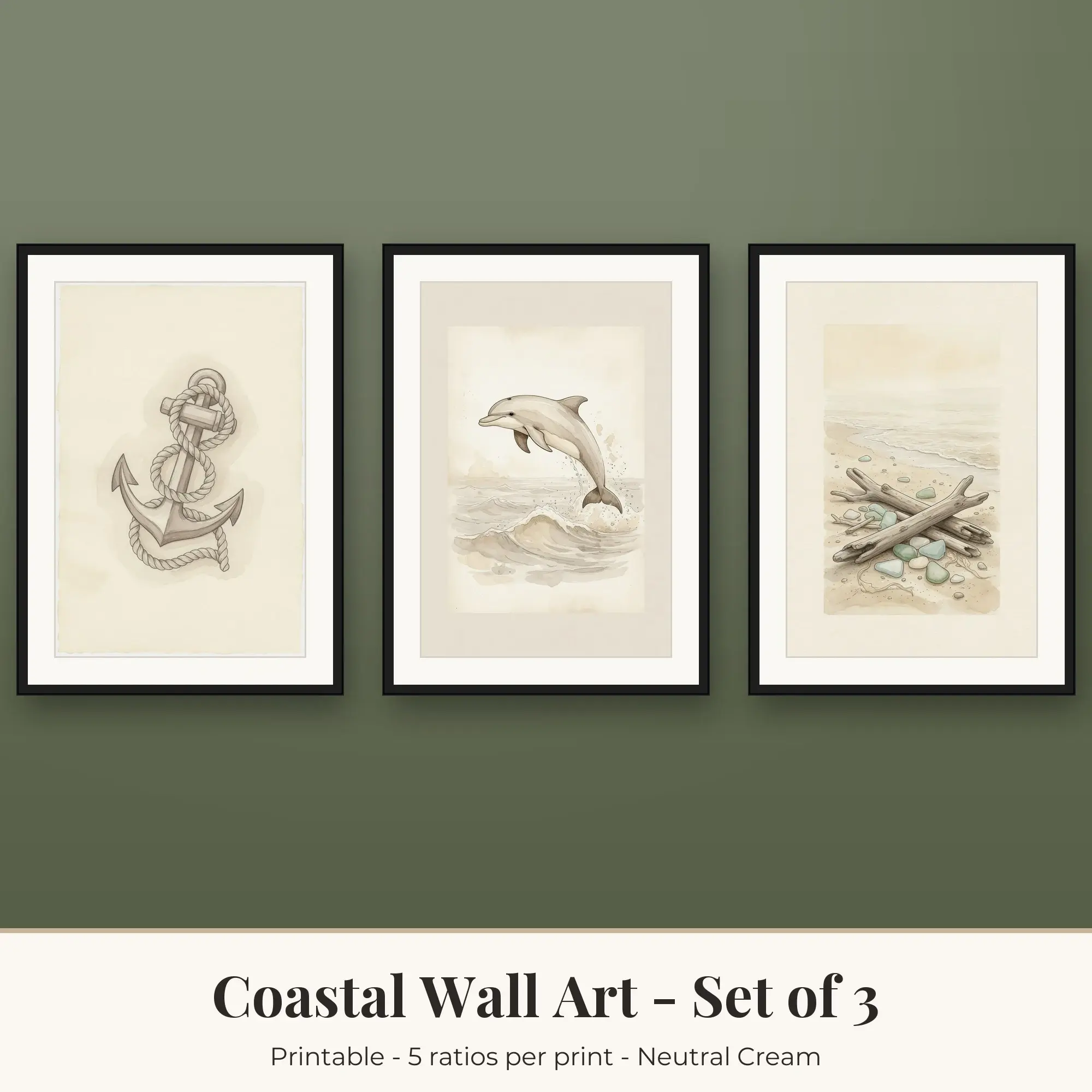 Coastal Wall Art Set of 3, Neutral Cream Anchor and Rope & Dolphin preview