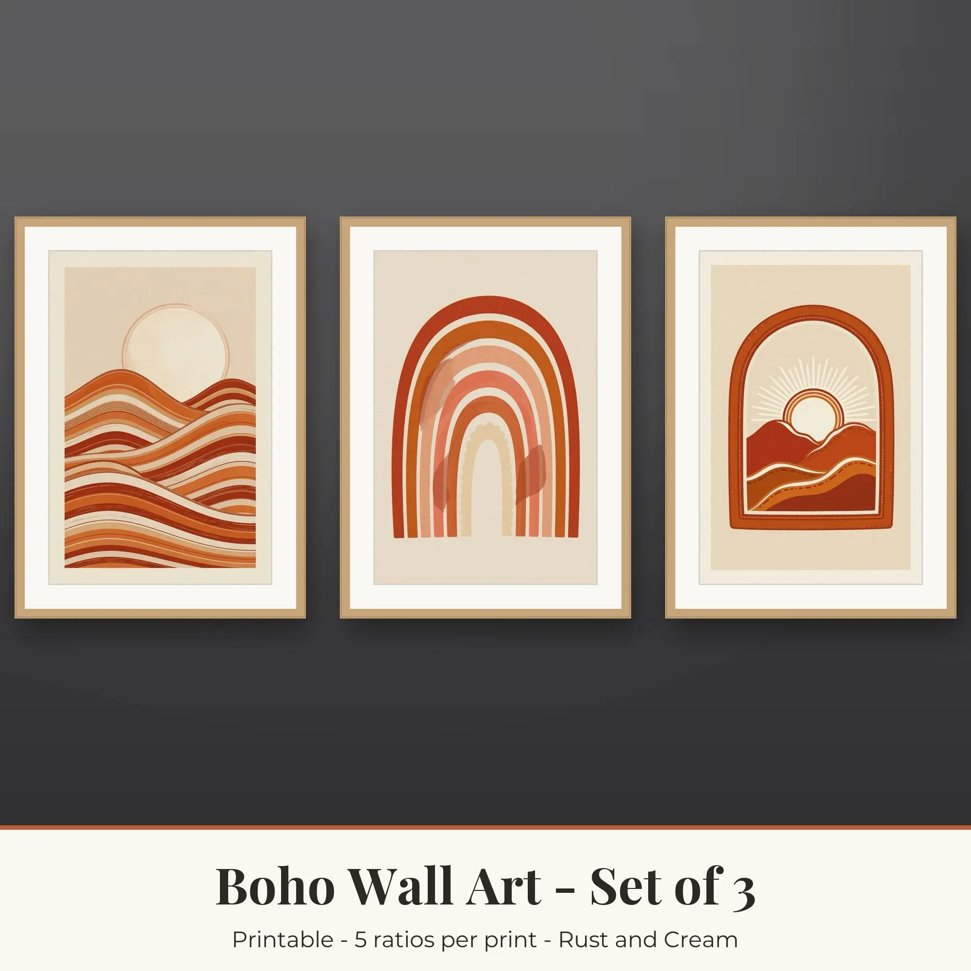 Boho Wall Art Set of 3, Rust and Cream Dune Stripes & Rainbow Arches preview