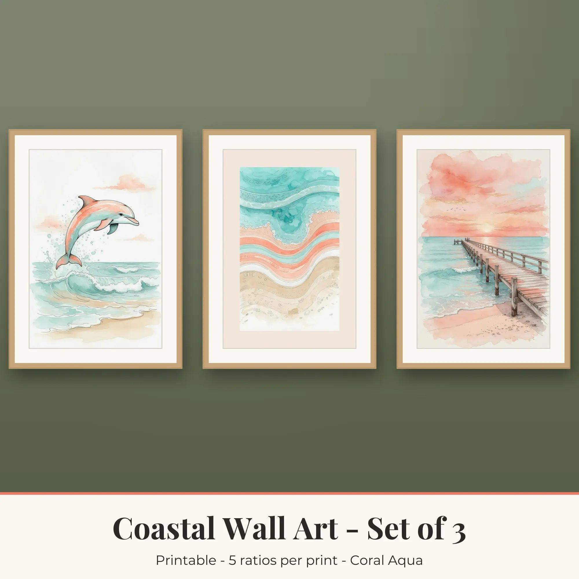 Coastal Printable Art Set of 3: Dolphin, Ocean Aerial & Pier Sunrise preview