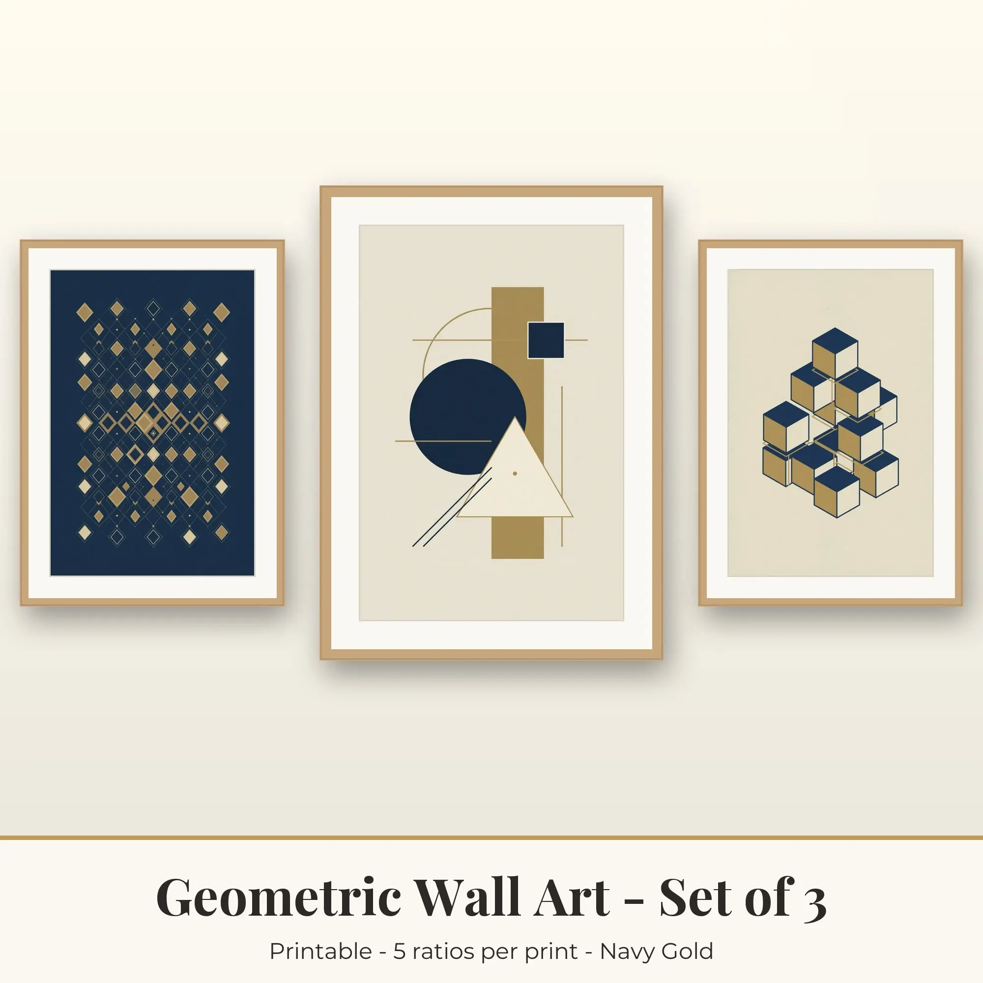 Geometric Wall Art Set of 3: Modernist Shapes, Navy Gold preview