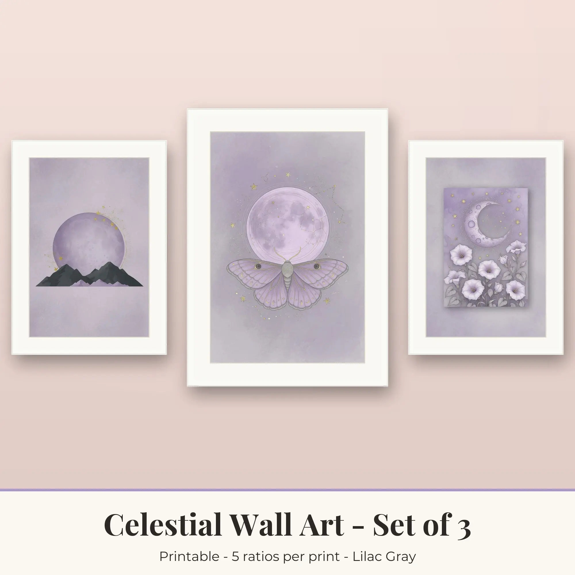 Celestial Set of 3: Moth and Moon, Lilac Gray preview