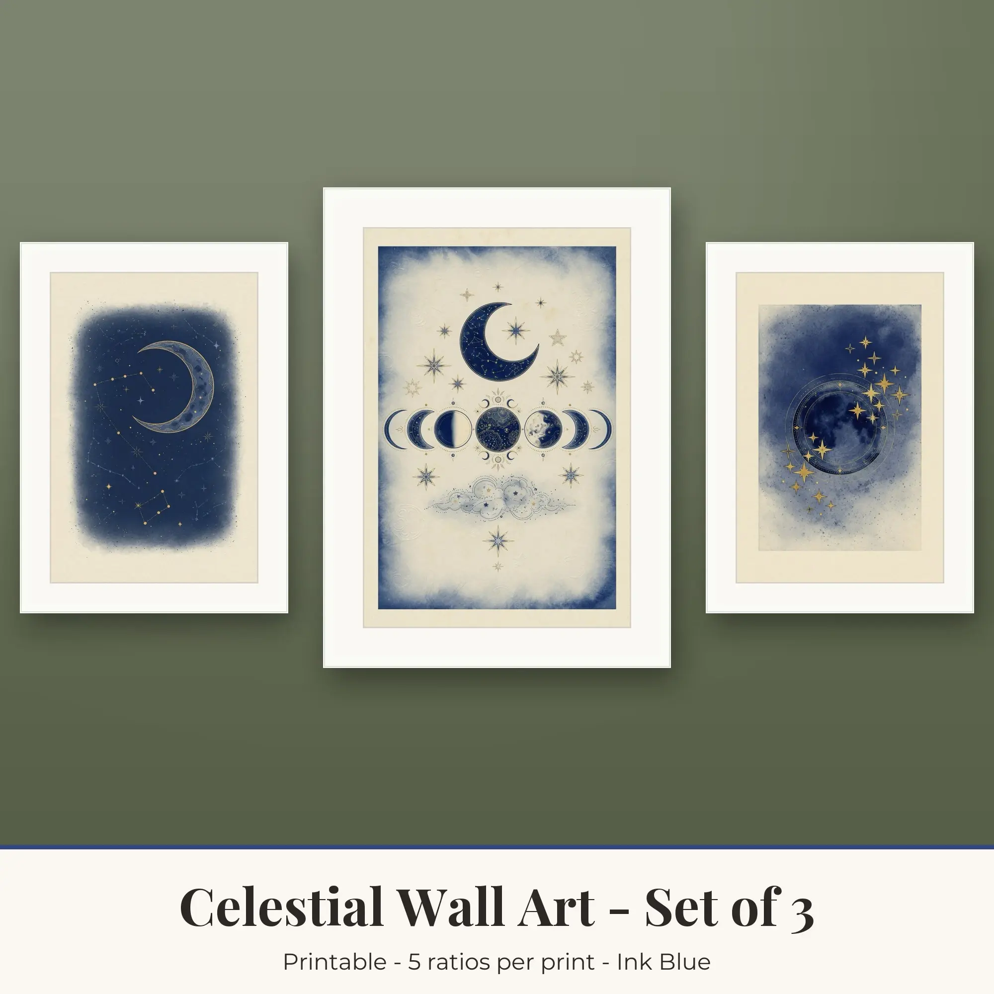 Celestial Wall Art Set of 3, Ink Blue Night Sky Stars & Moon Phases preview