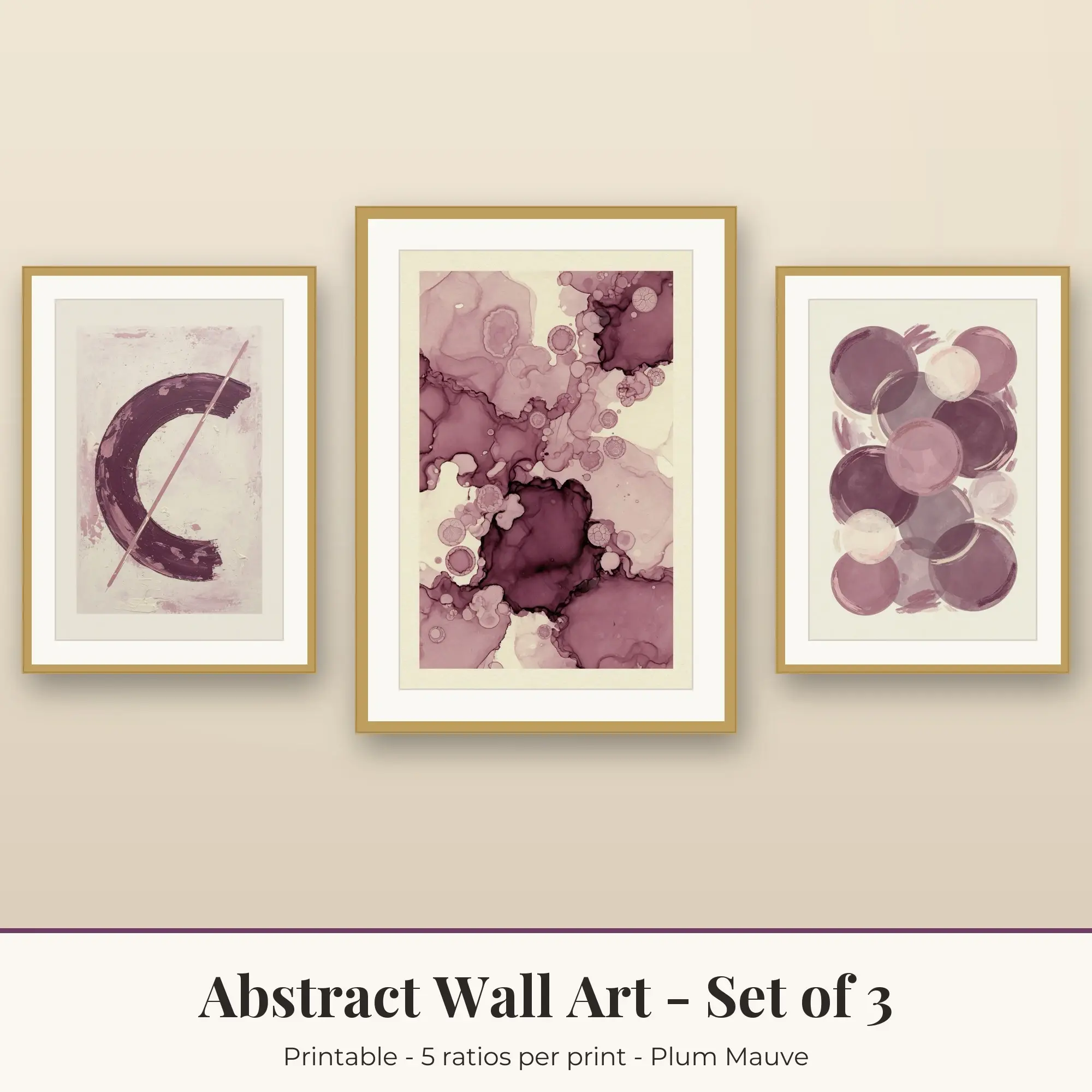 Abstract Wall Art Set of 3, Plum Mauve Arc and Line & Fluid Art preview