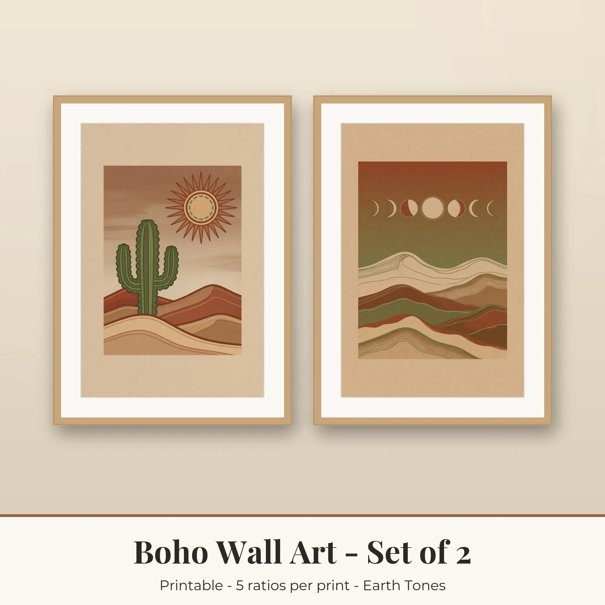 Boho Wall Art Set of 2, Desert Cactus and Moon Phases, Printable preview