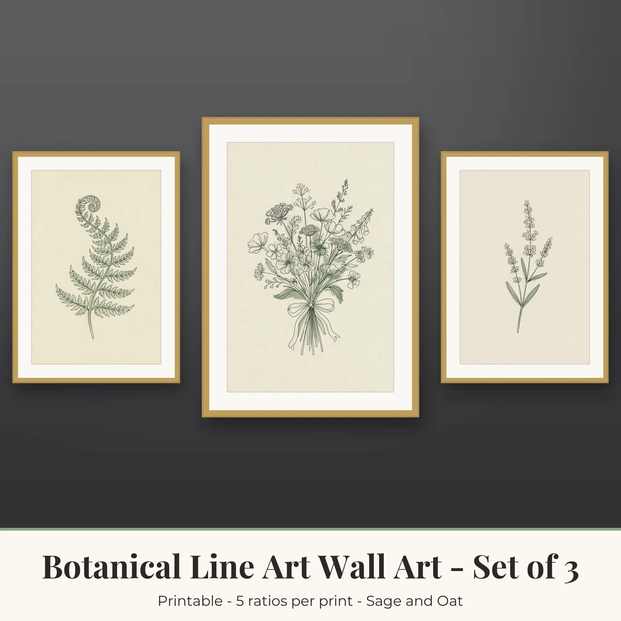 Botanical Line Art Wall Art Set of 3: Wildflower Bouquet, Sage and Oat preview