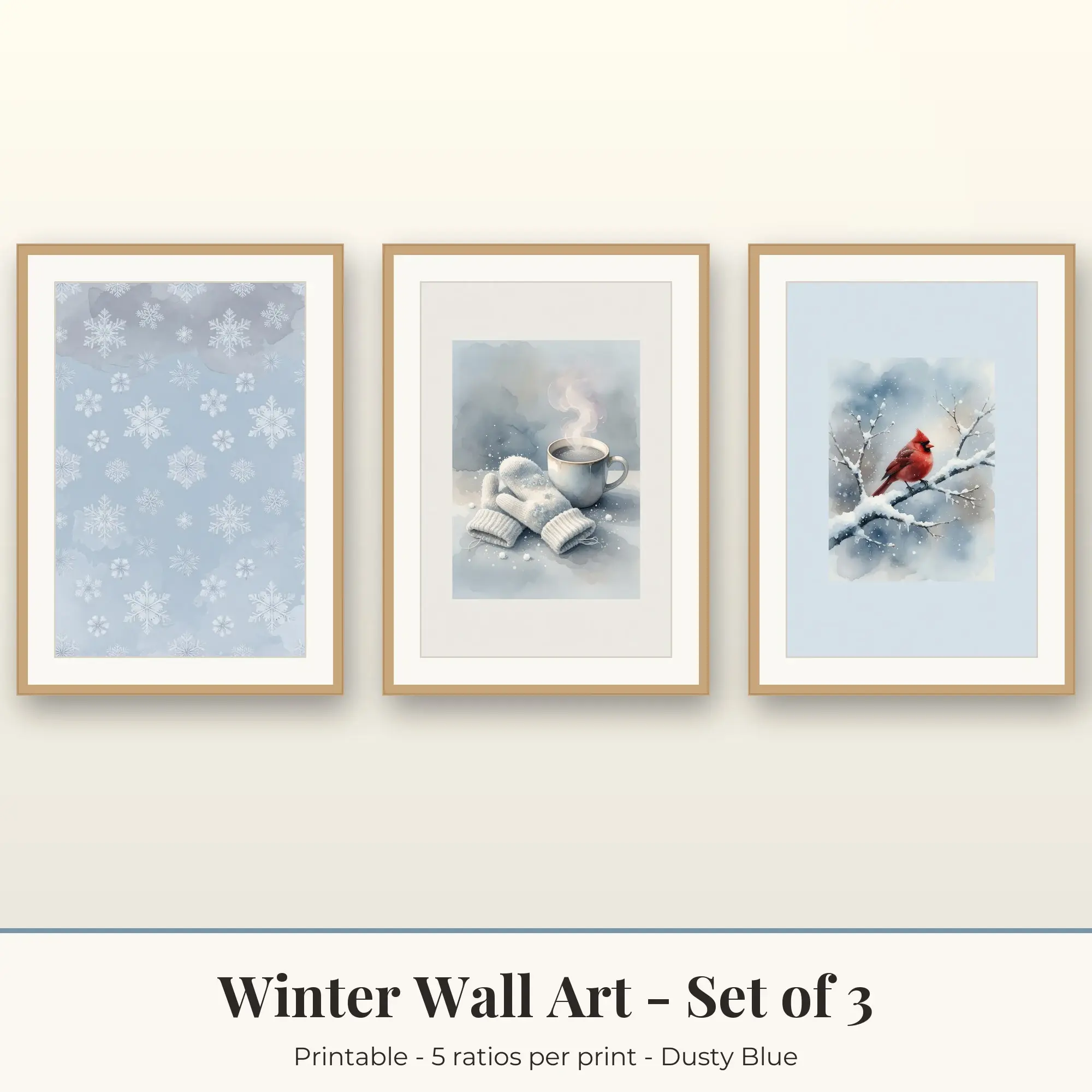 Winter Wall Art Set of 3, Dusty Blue Snowflakes & Mittens and Mug preview