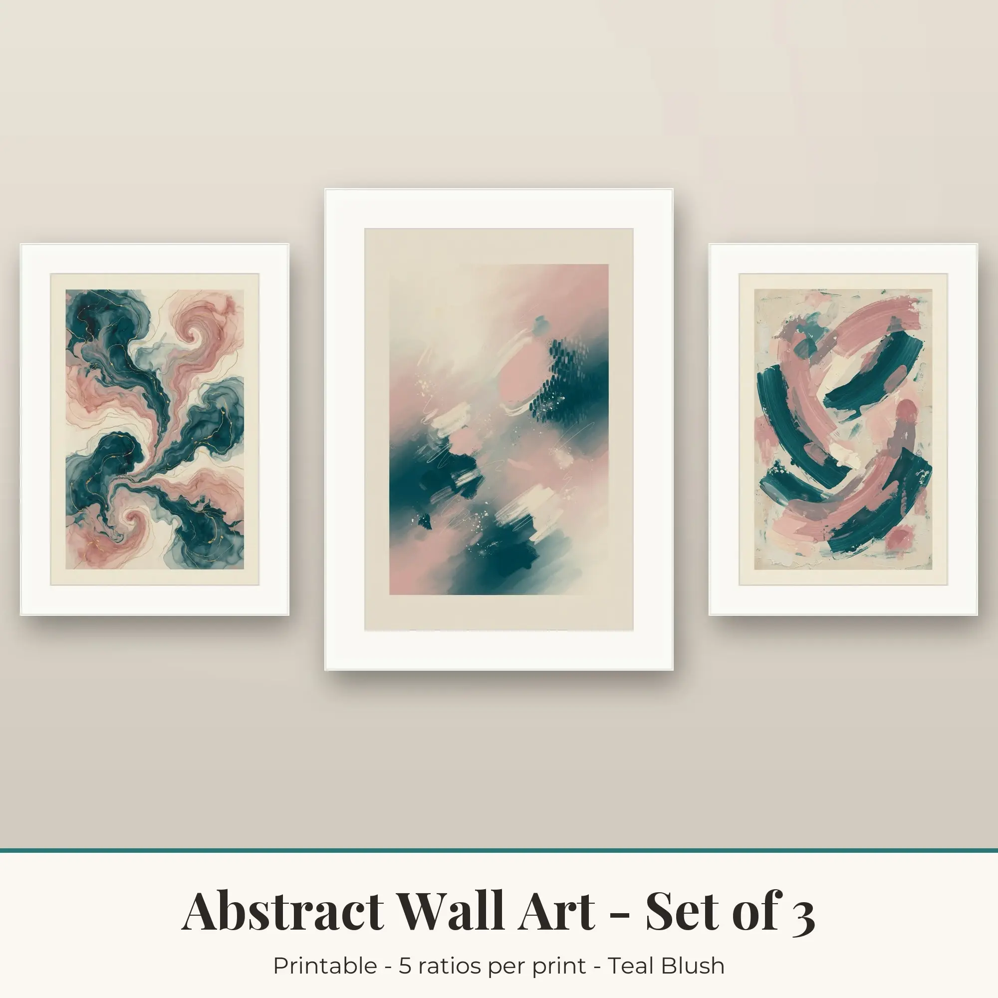 Abstract Wall Art Set of 3, Teal Blush Gold Lines & Soft Gradient preview