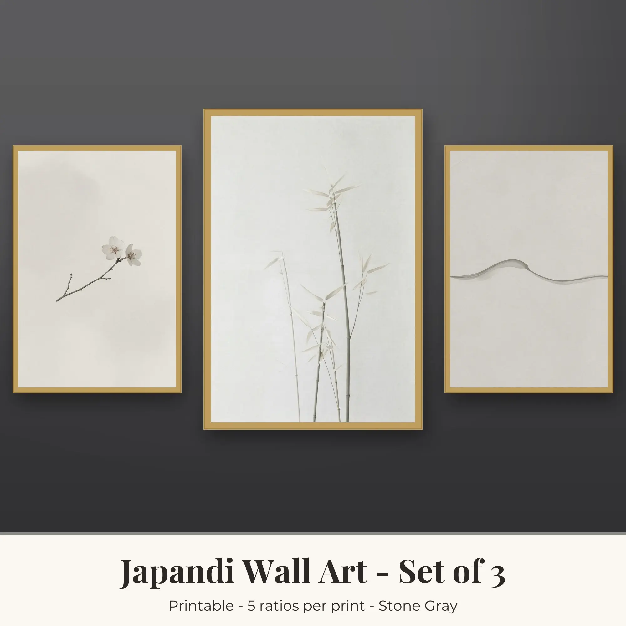 Japandi Printable Art Set of 3: Cherry Twig, Bamboo & Rice Paper Wave, preview 1 of 2