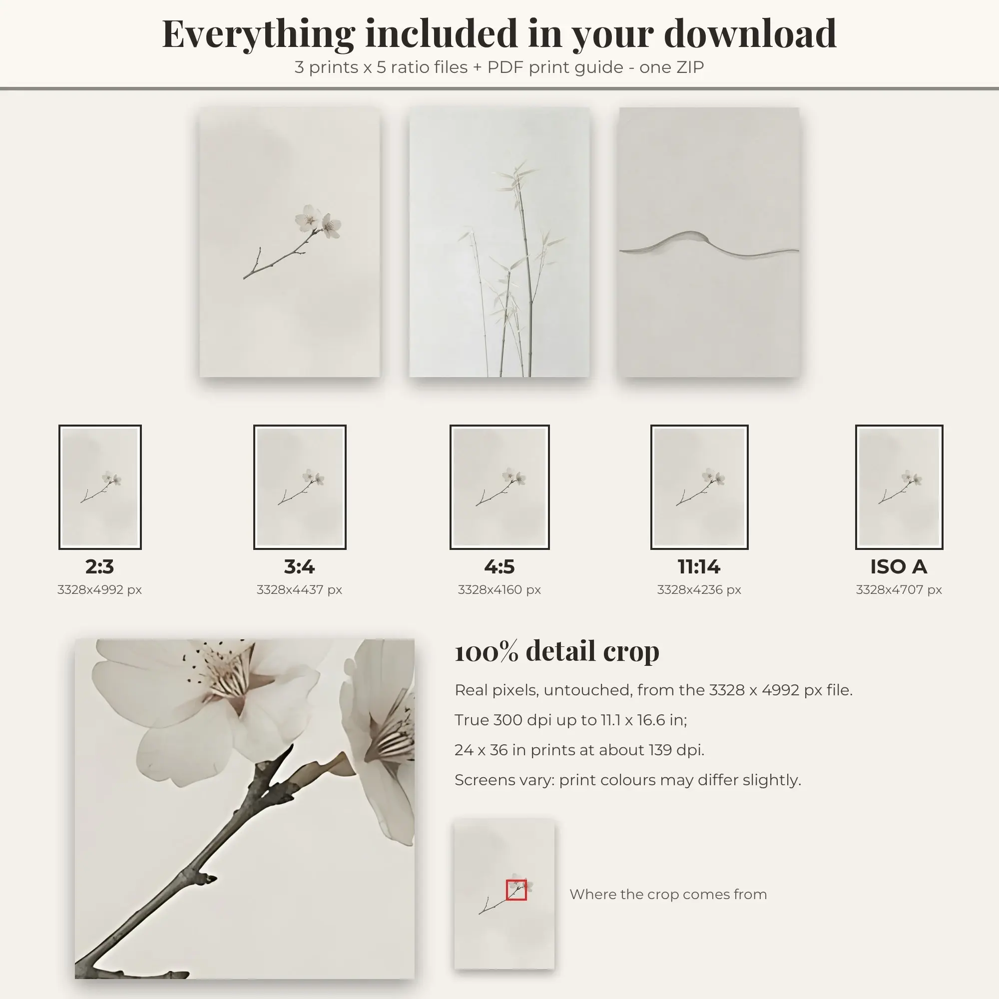Japandi Printable Art Set of 3: Cherry Twig, Bamboo & Rice Paper Wave, preview 2 of 2