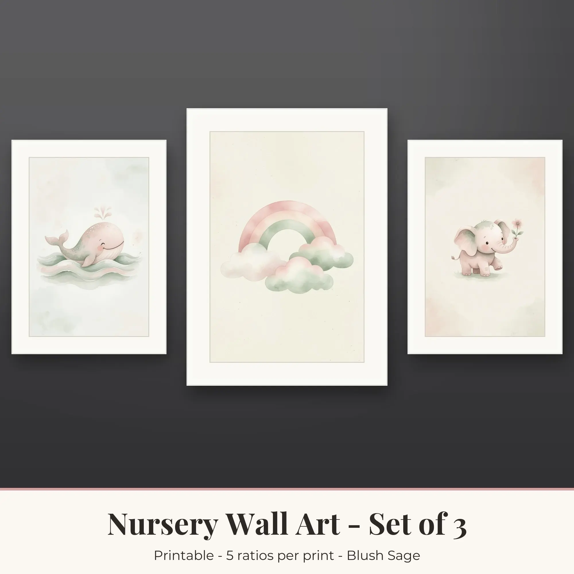 Nursery Wall Art Set of 3, Blush Sage Whale and Waves & Rainbow Clouds preview