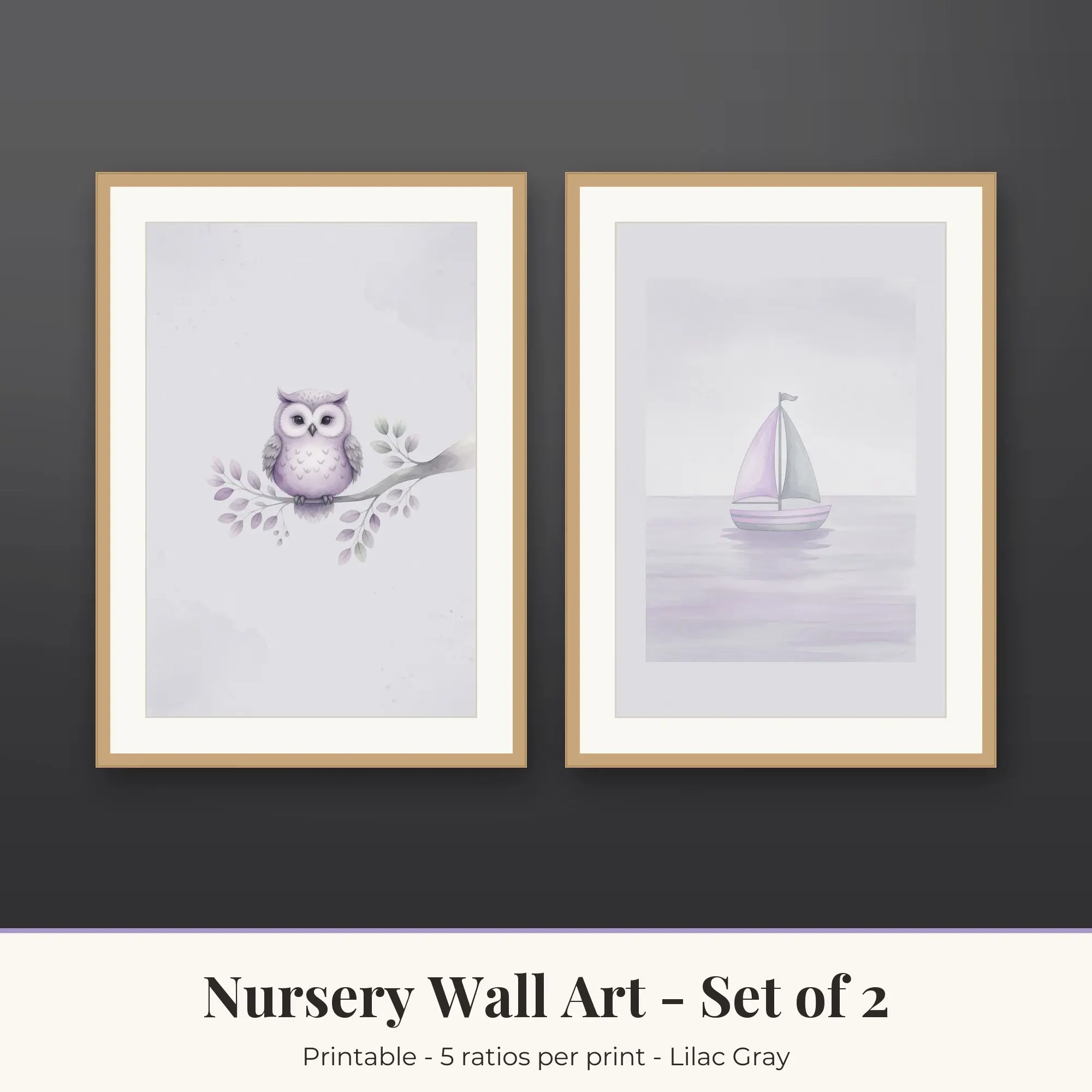 Nursery Wall Art Set of 2, Owl Branch and Sailboat, Printable preview