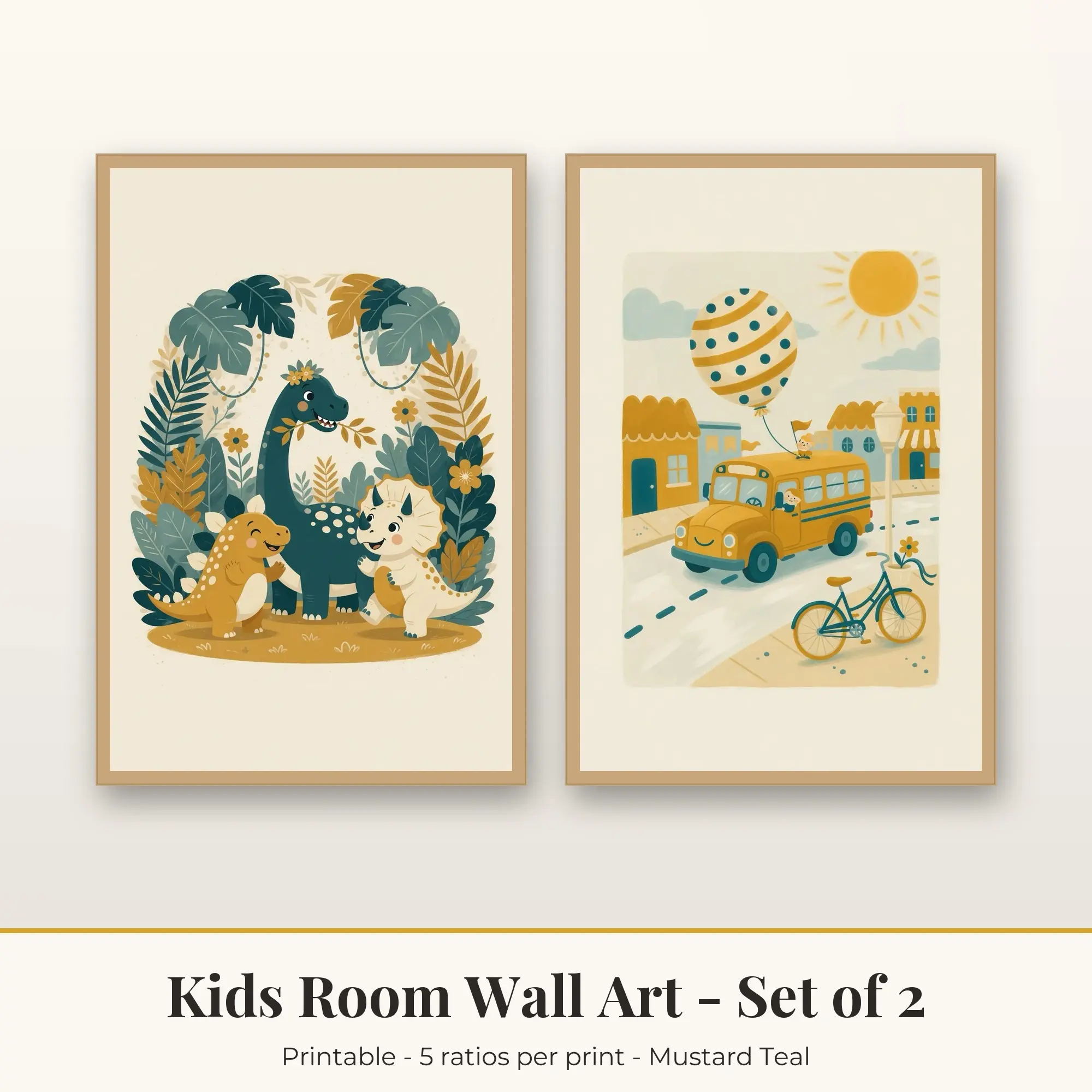 Kids Room Printable Art Set of 2: Dinosaurs and City Vehicles preview