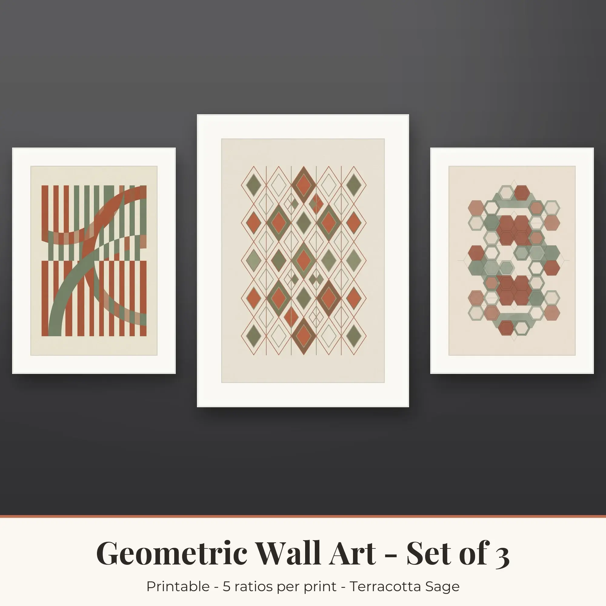 Stripes and Arcs Geometric Set of 3 - Terracotta Sage preview