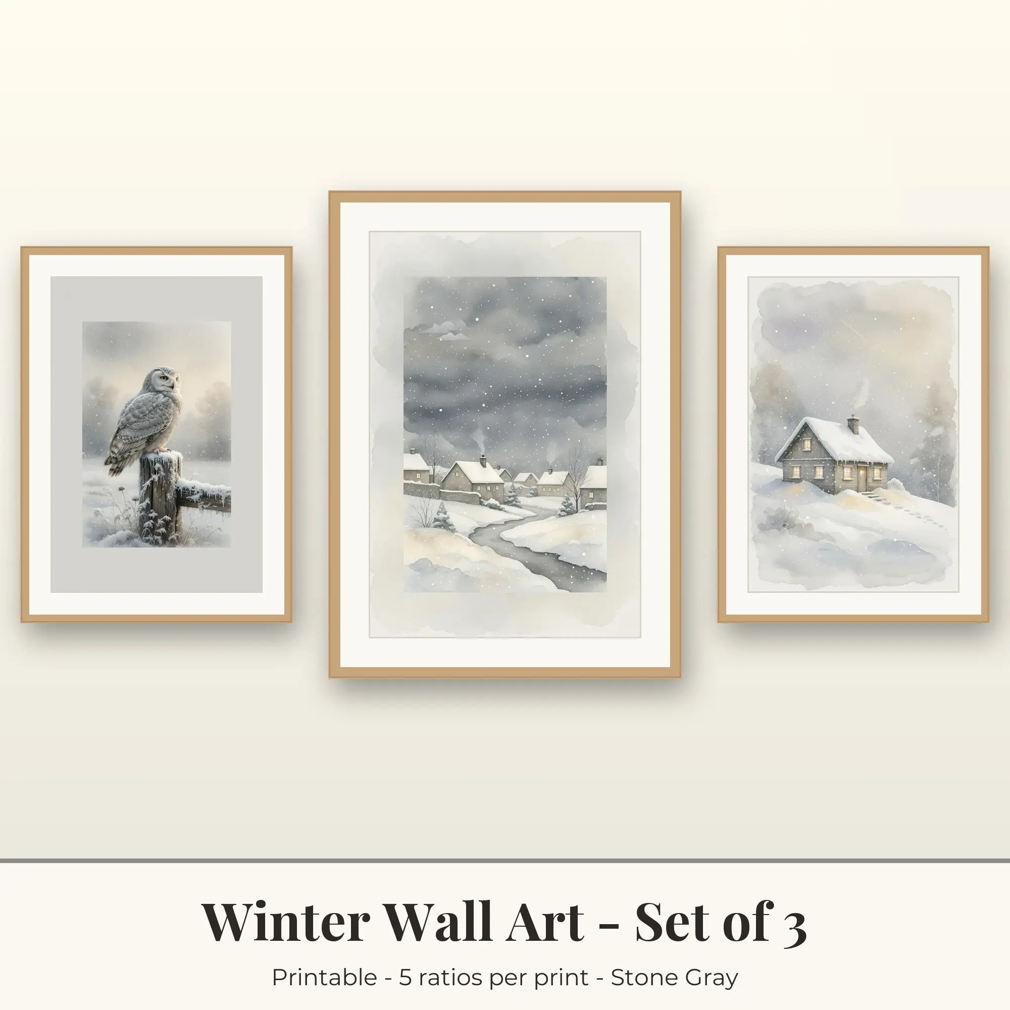 Winter Wall Art Set of 3, Stone Gray Snowy Owl & Starry Winter preview