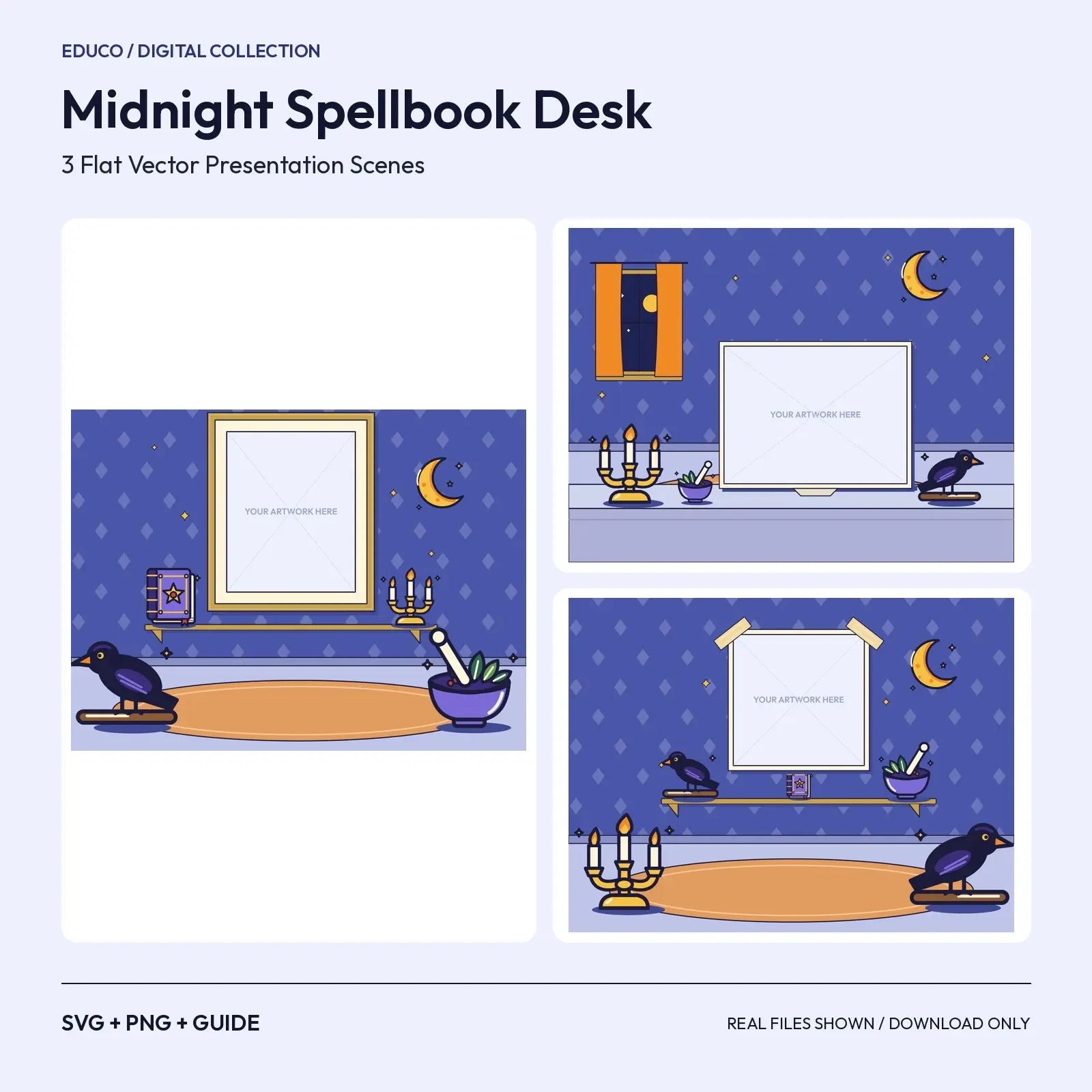 Midnight Spellbook Desk – 3 Flat Vector Witchy Presentation Scenes preview