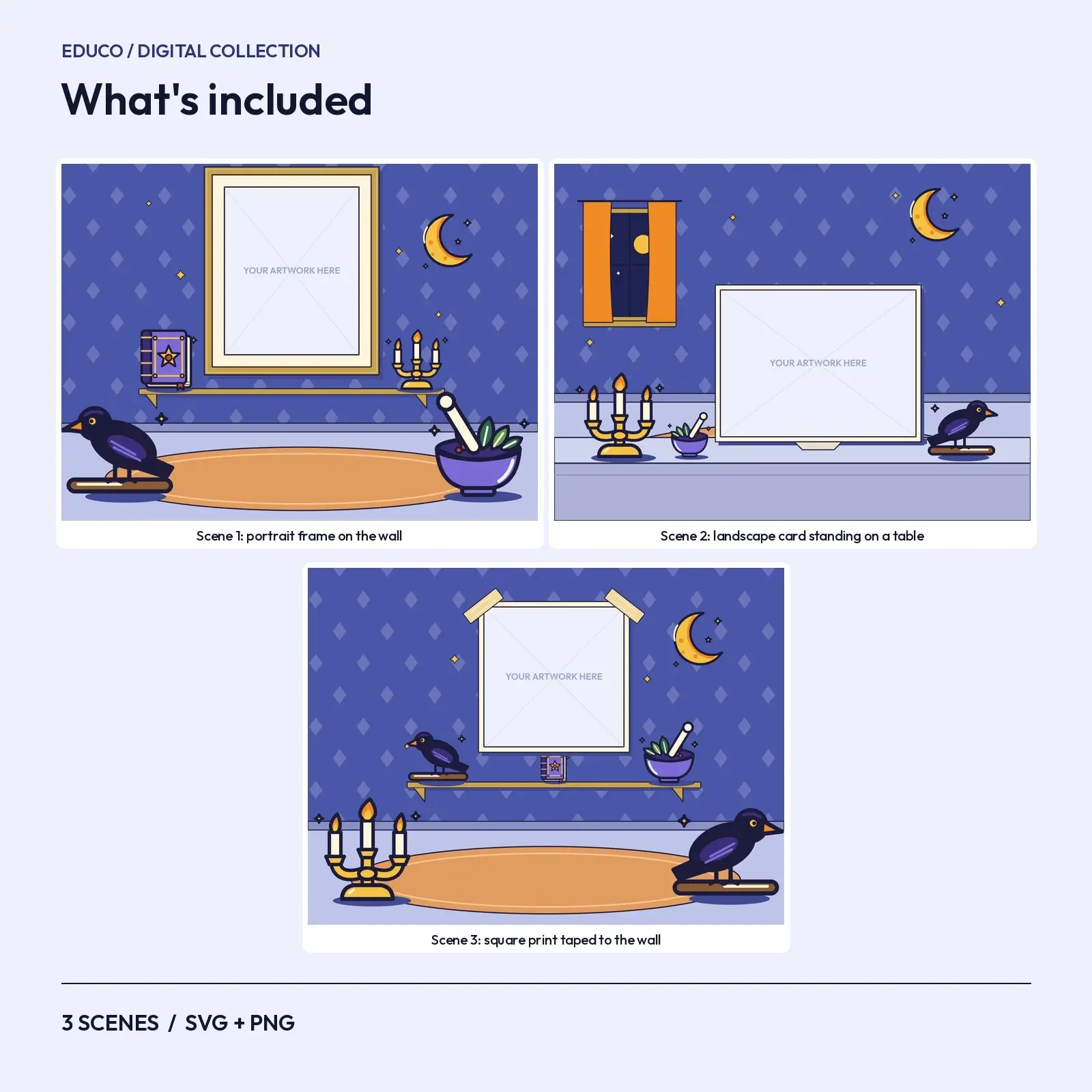 Midnight Spellbook Desk – 3 Flat Vector Witchy Presentation Scenes, preview 2 of 3