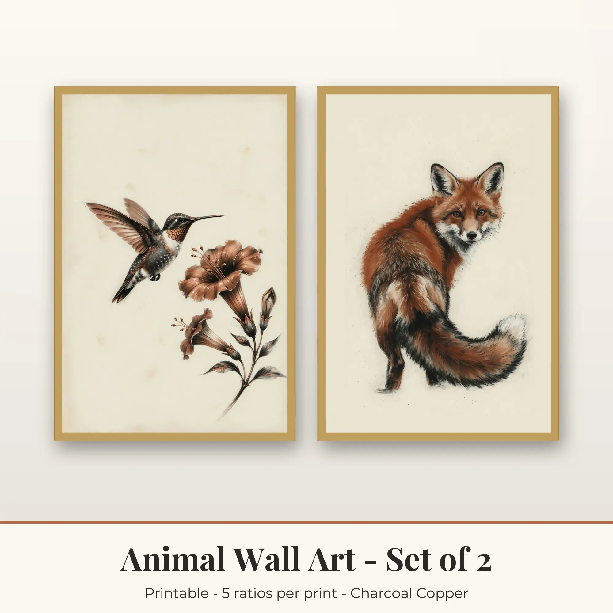 Hummingbird and Fox Portrait Wall Art Set of 2 | Animal Digital Prints preview