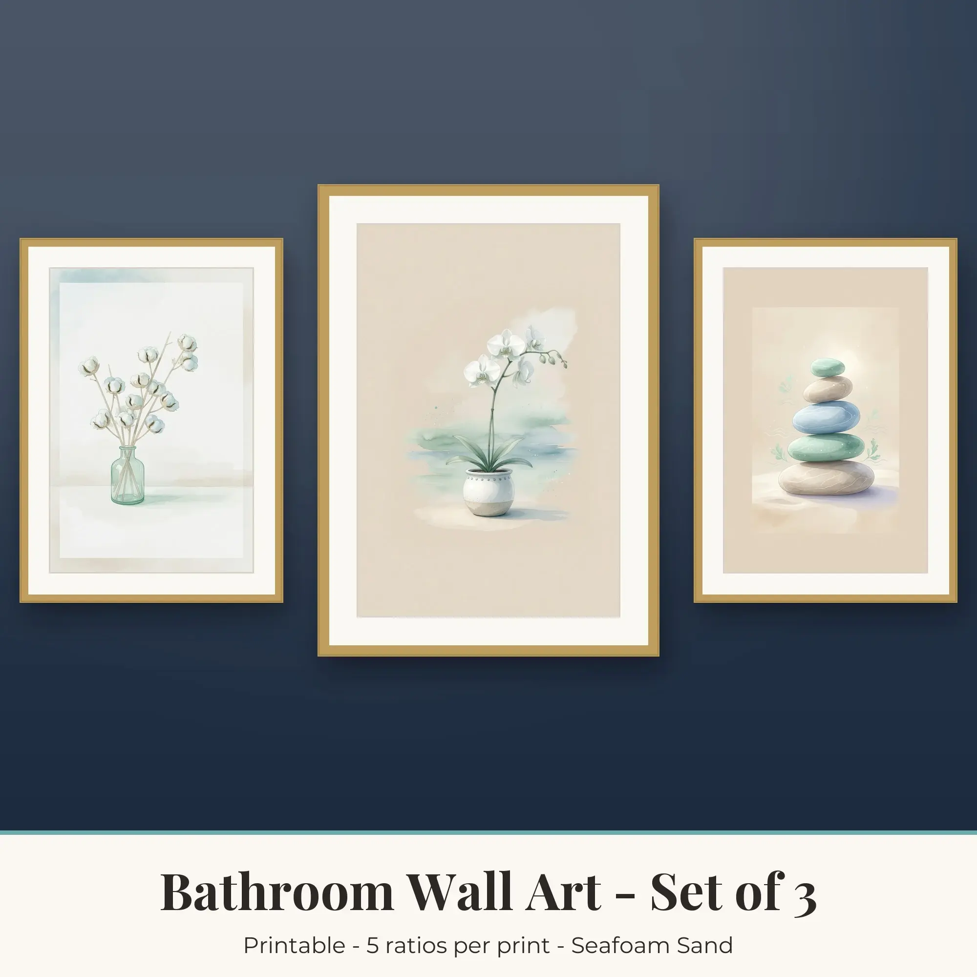 Bathroom Wall Art Set of 3, Seafoam Sand Cotton Stems & Orchid preview