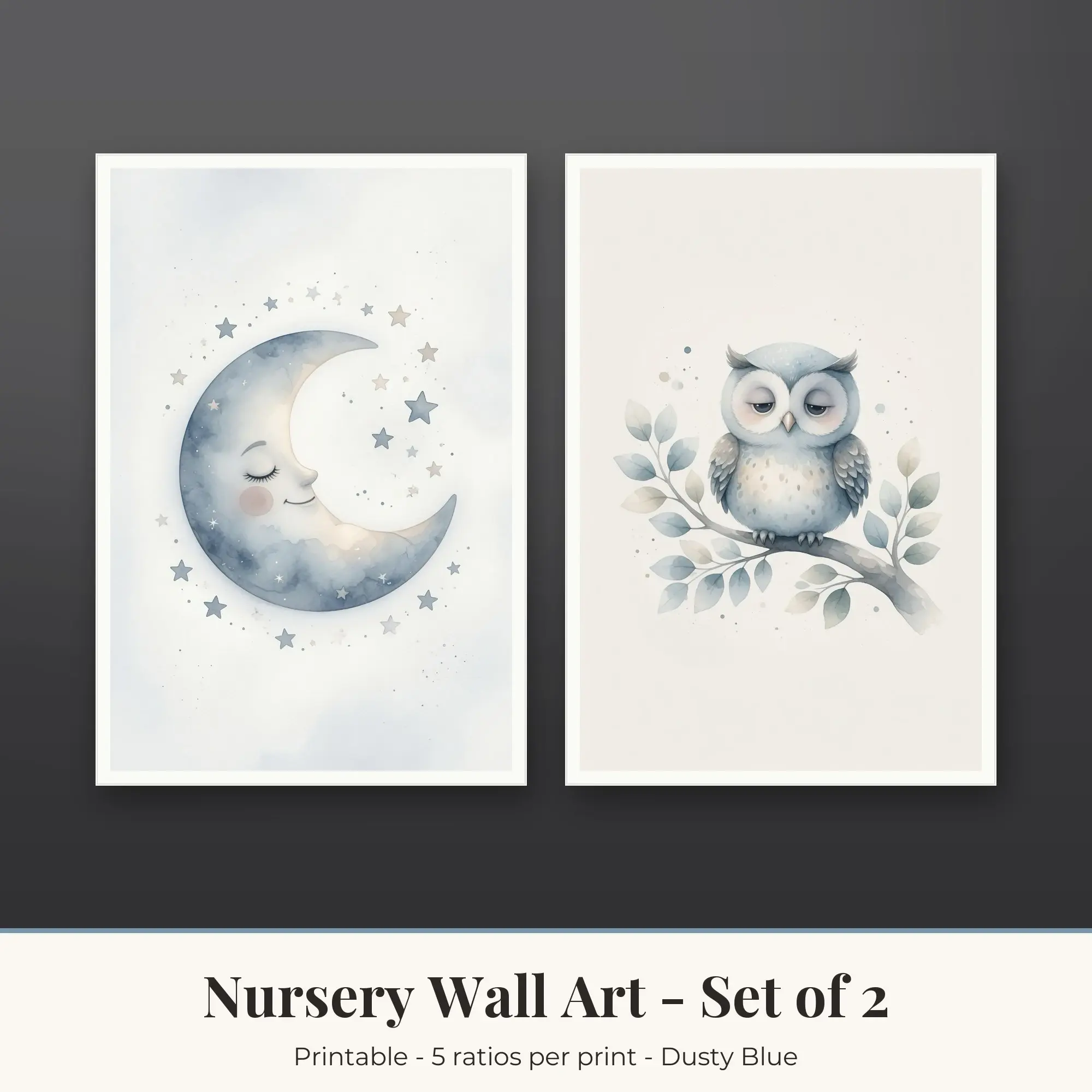 Nursery Wall Art Set of 2, Starry Moon and Owl Branch, Printable preview