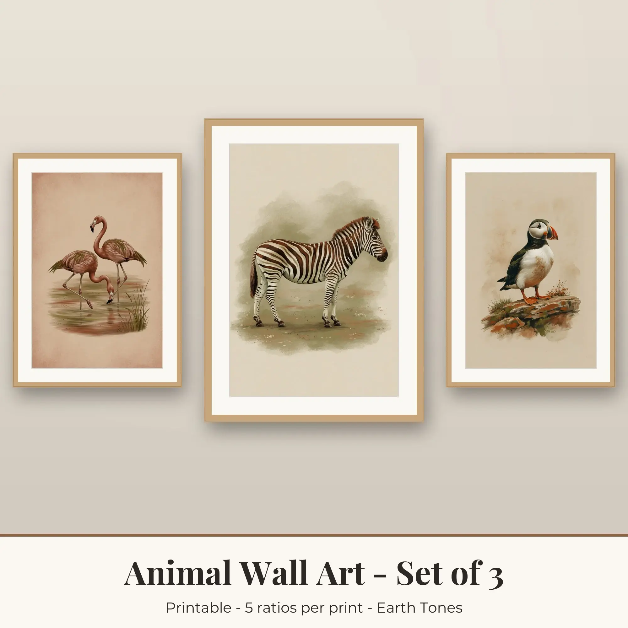 Animal Wall Art Set of 3 - Flamingos, Zebra & Puffin - Earth Tones preview