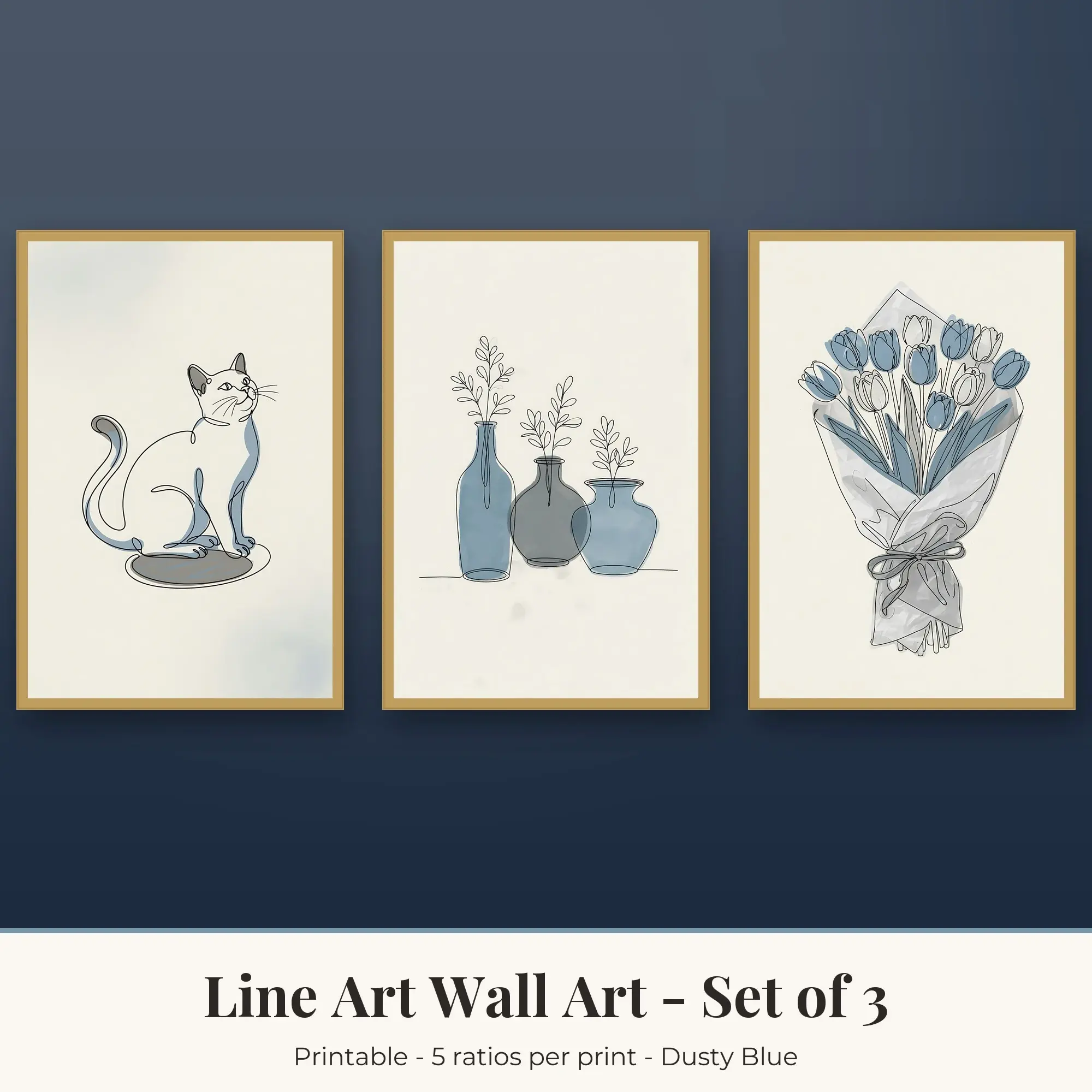 Sitting Cat Line Art Set of 3 - Dusty Blue, preview 1 of 2
