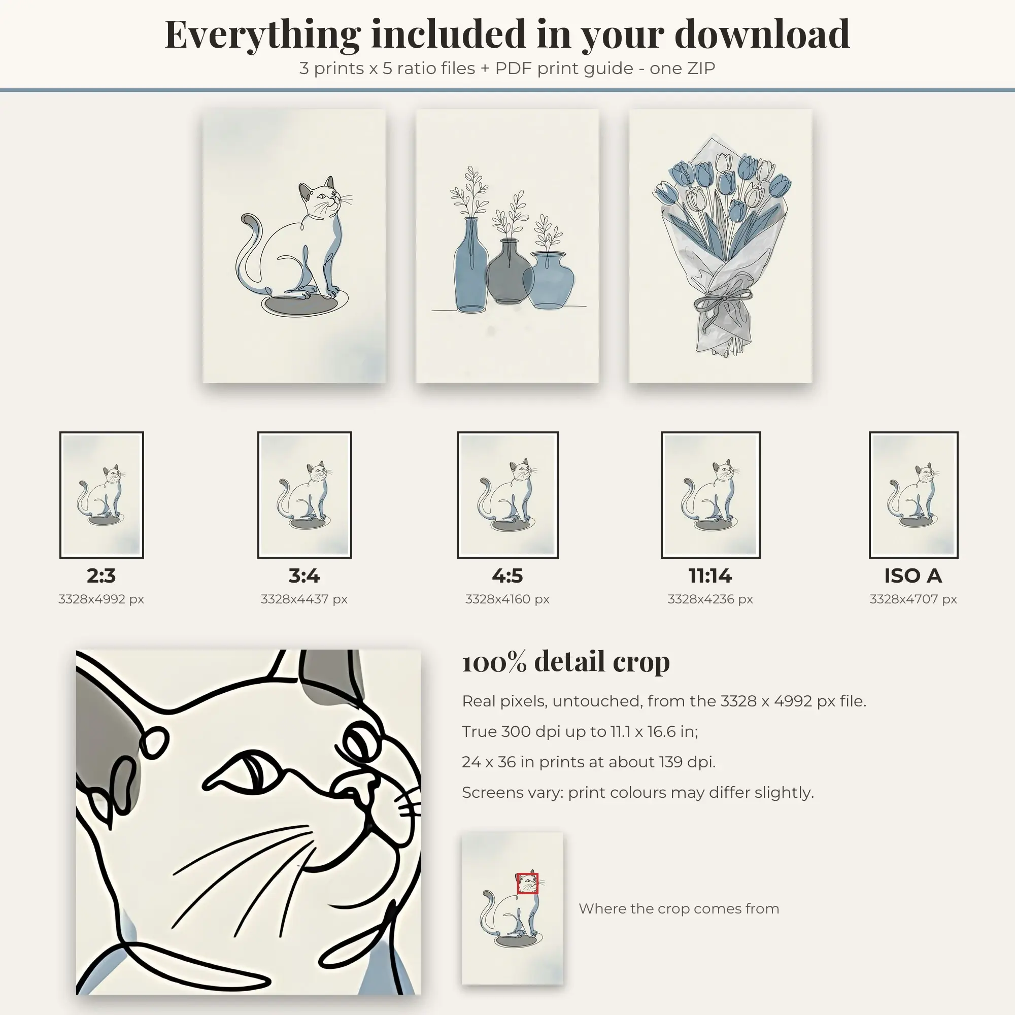 Sitting Cat Line Art Set of 3 - Dusty Blue, preview 2 of 2