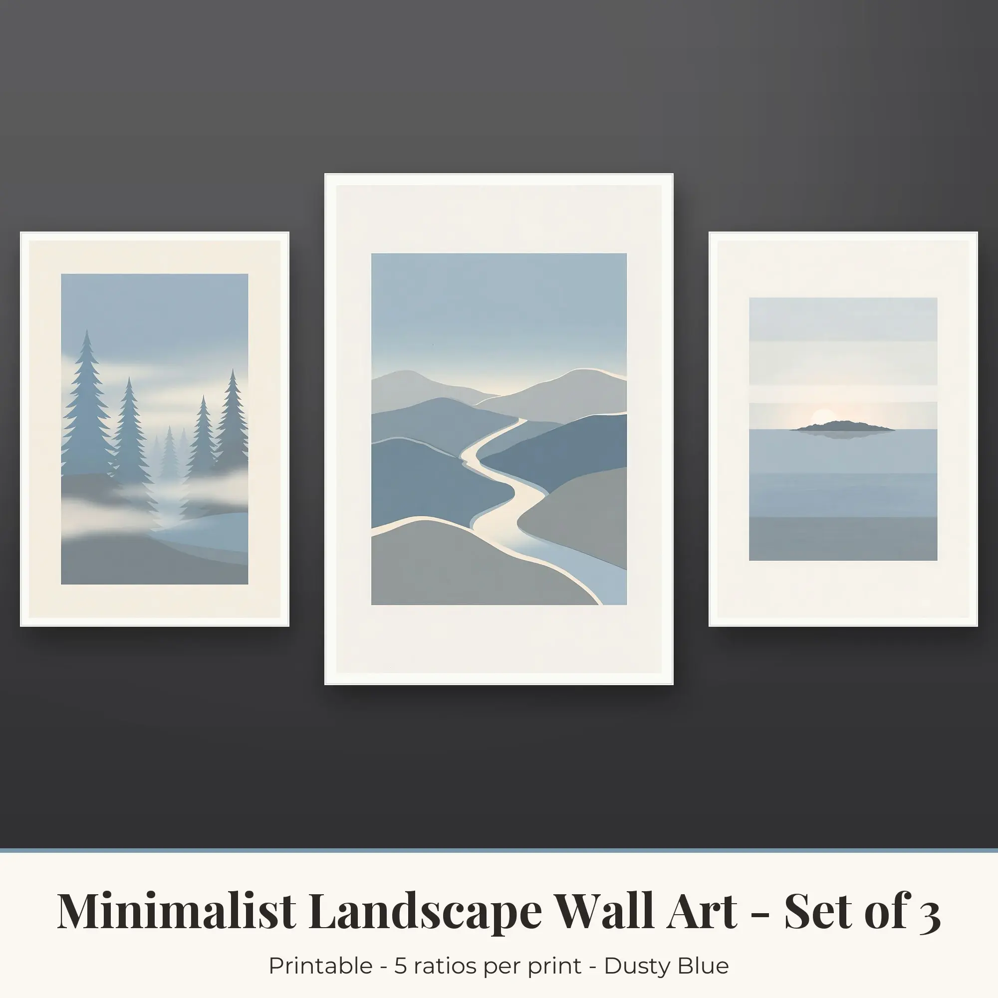 Minimalist Landscape Wall Art Set of 3: Island Sea, Dusty Blue preview