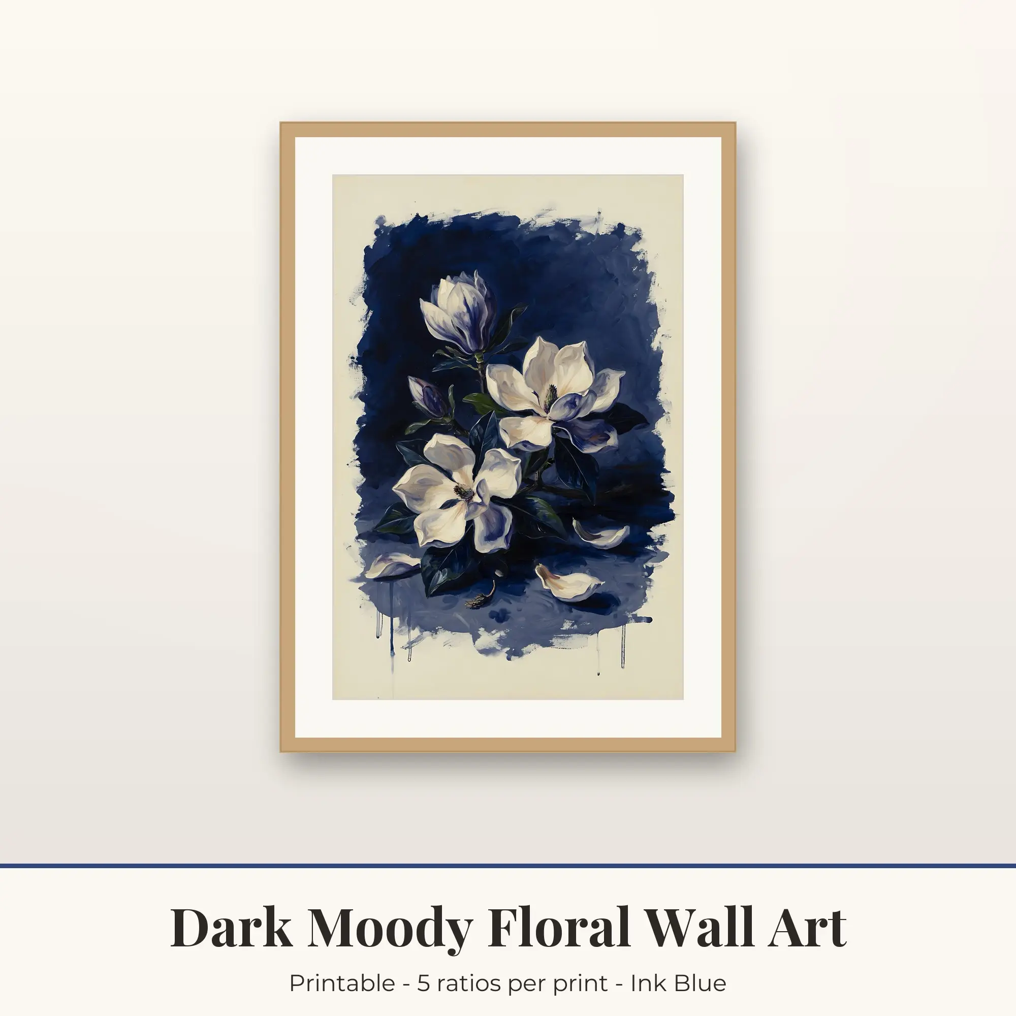 Dark Moody Floral Wall Art Print - Magnolia Night - Ink Blue preview