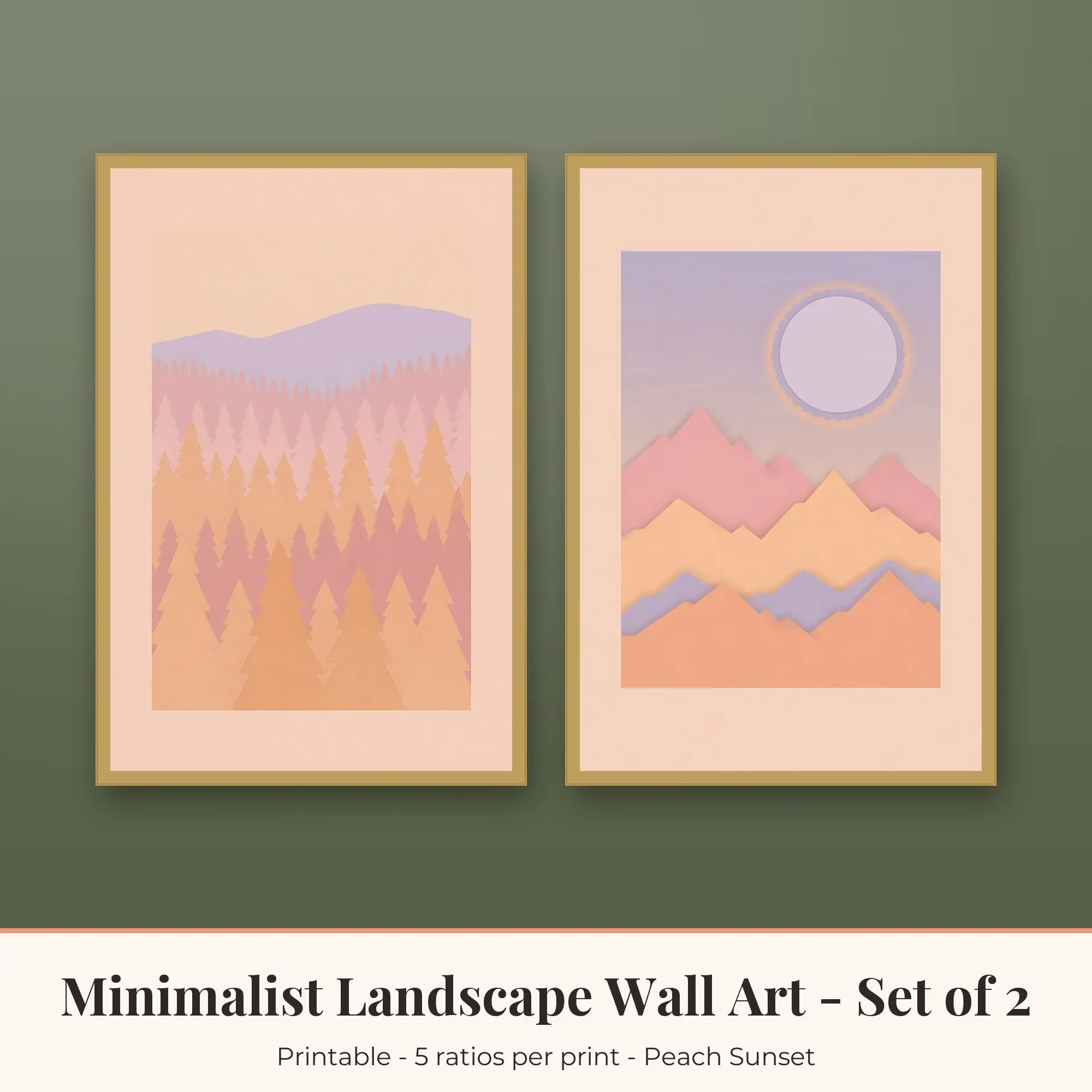 Forest Layers Minimalist Landscape Set of 2 - Peach Sunset, preview 1 of 2