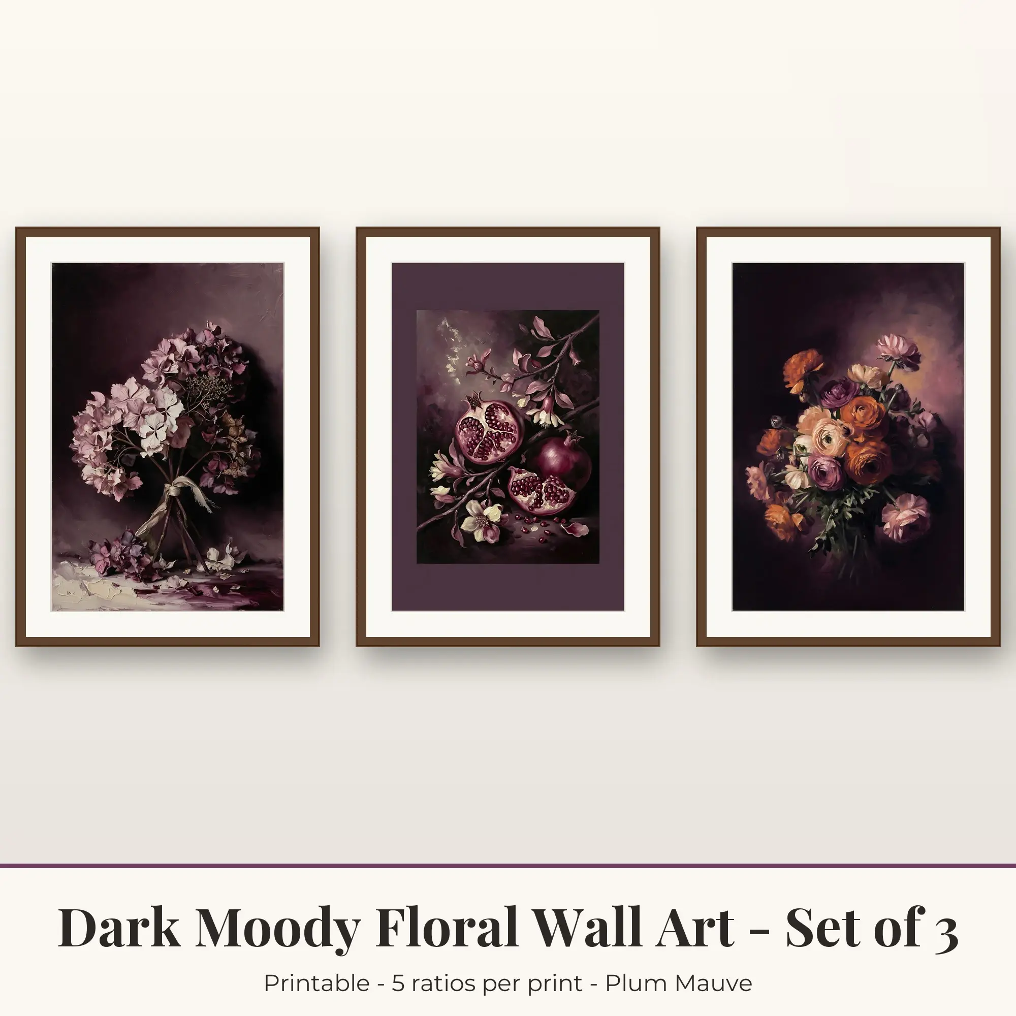 Dark Moody Floral Set of 3: Pomegranate, Plum Mauve preview