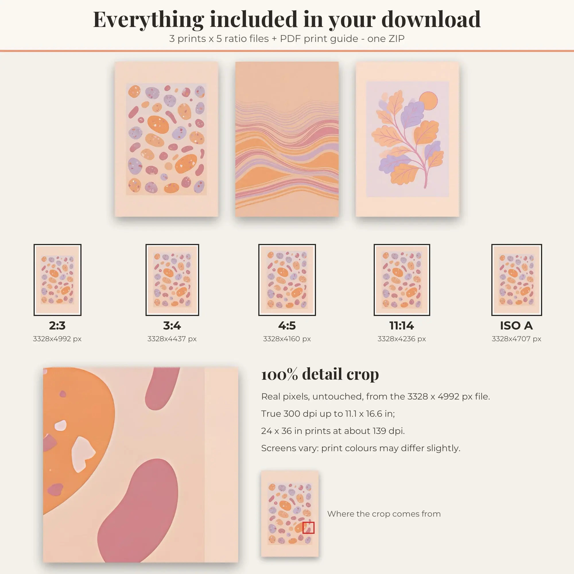 Boho Wall Art Set of 3: Boho Leaves, Peach Sunset, preview 2 of 2