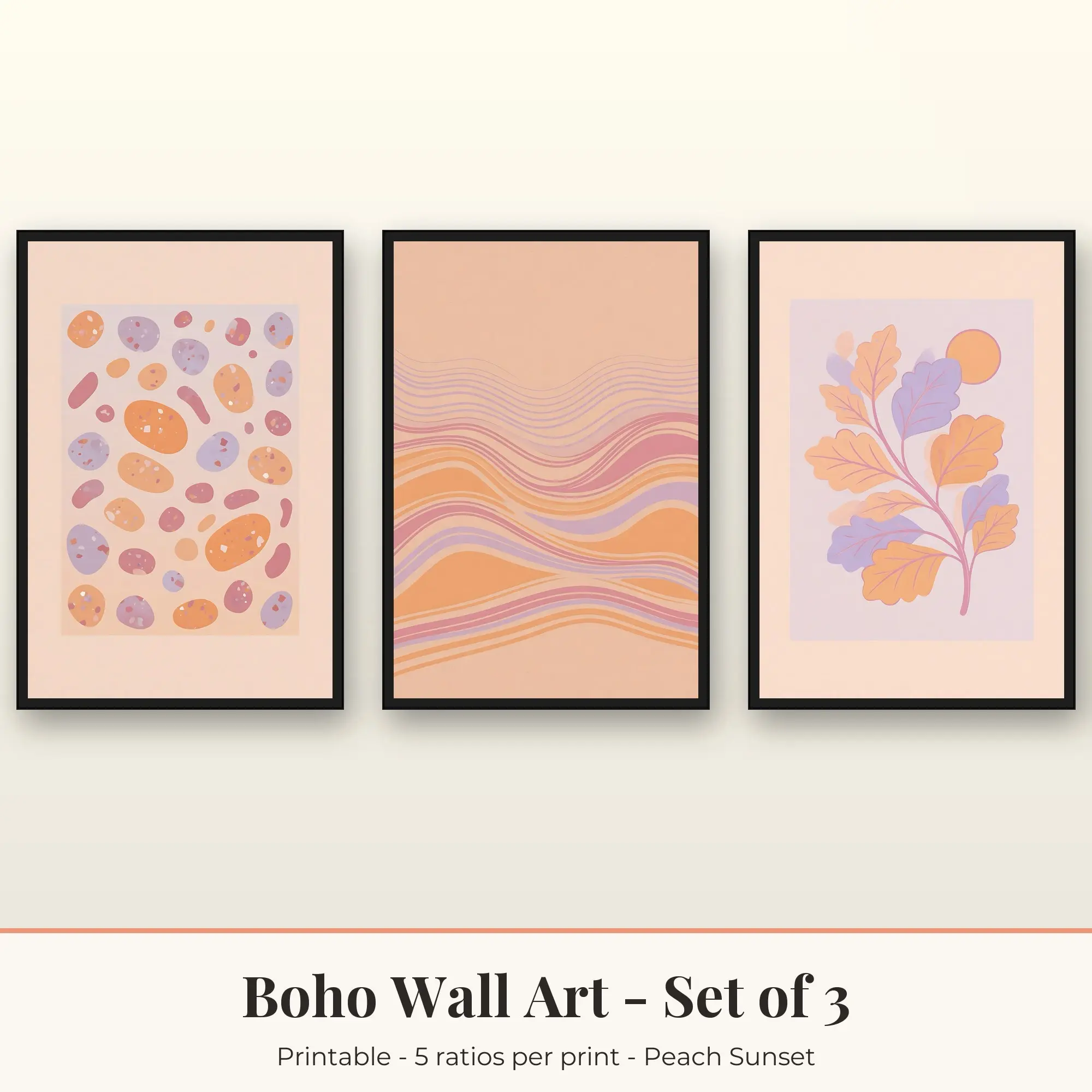 Boho Wall Art Set of 3: Boho Leaves, Peach Sunset preview