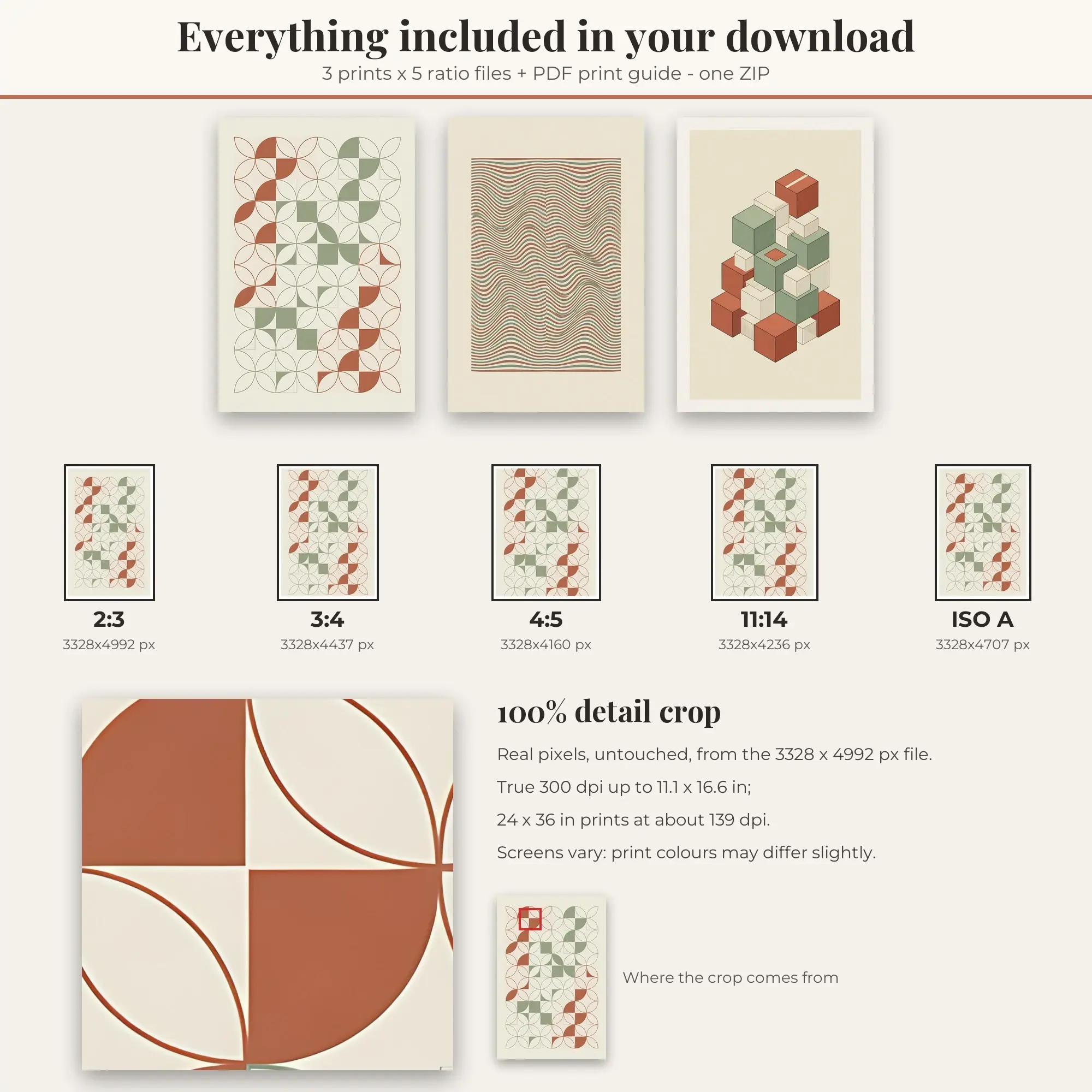 Geometric Set of 3: Isometric Cubes, Terracotta Sage, preview 2 of 2