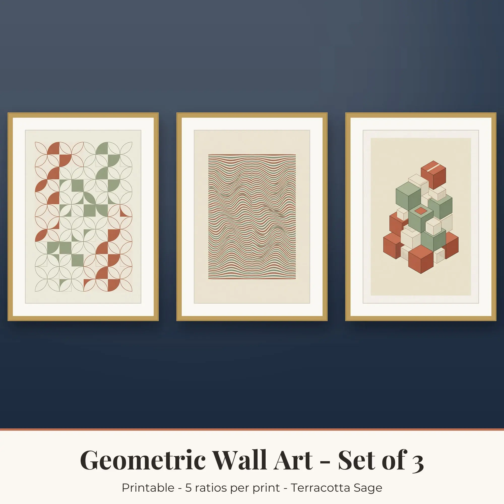 Geometric Set of 3: Isometric Cubes, Terracotta Sage, preview 1 of 2