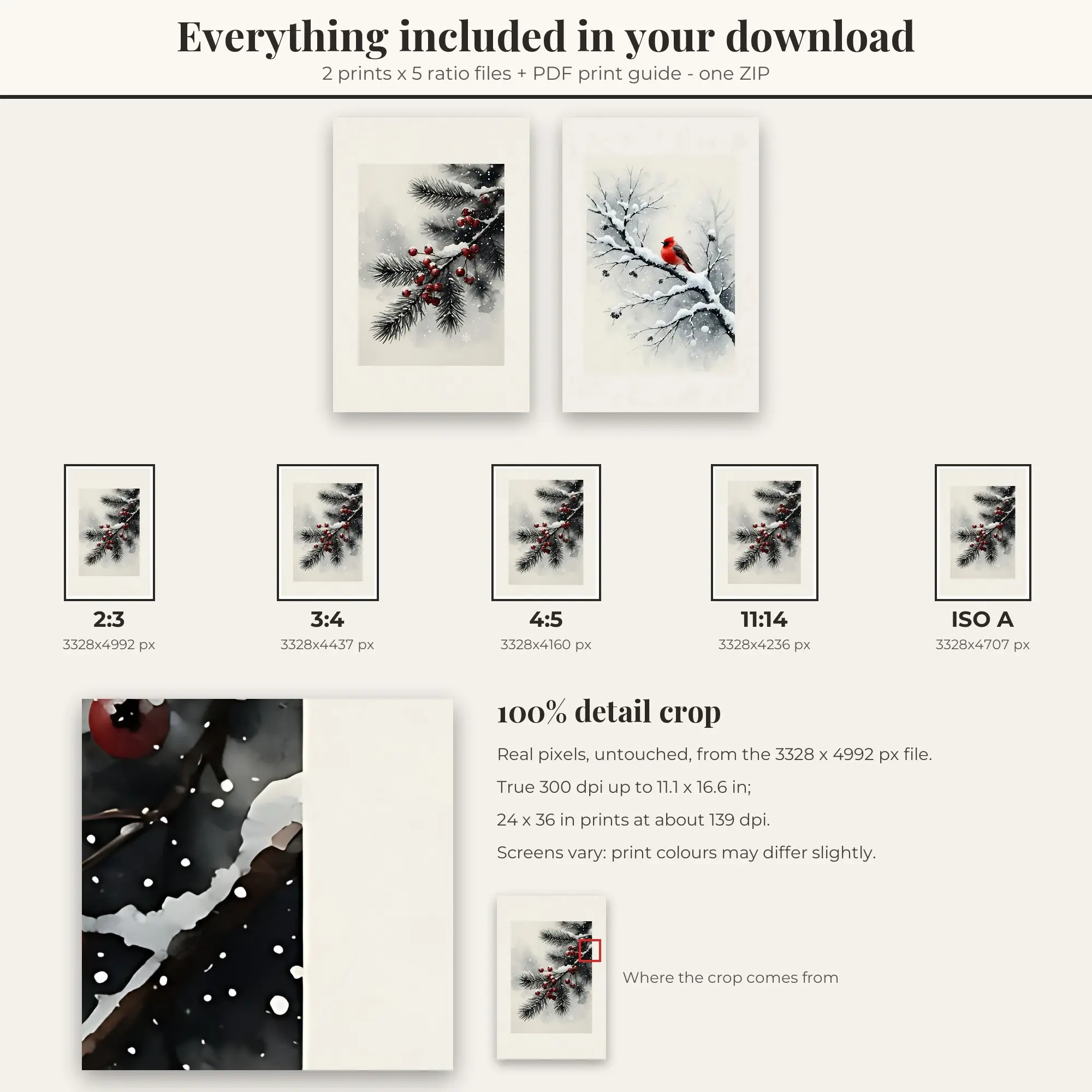 Winter Set of 2: Cardinal Branch, Black and White, preview 2 of 2