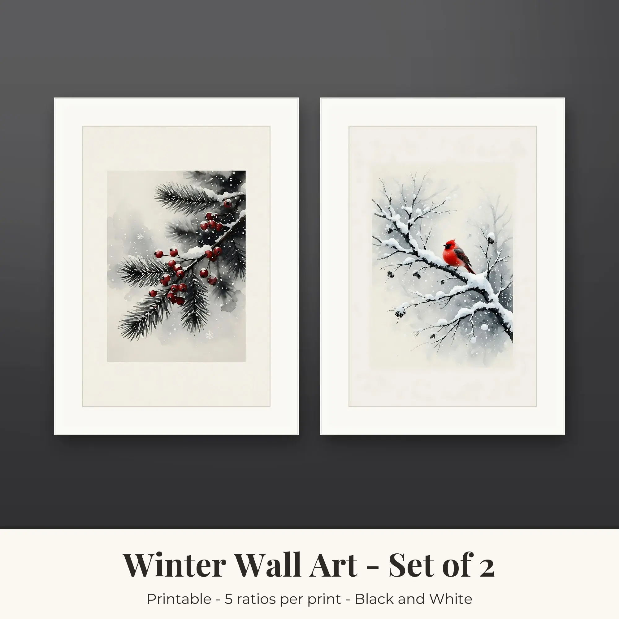 Winter Set of 2: Cardinal Branch, Black and White, preview 1 of 2