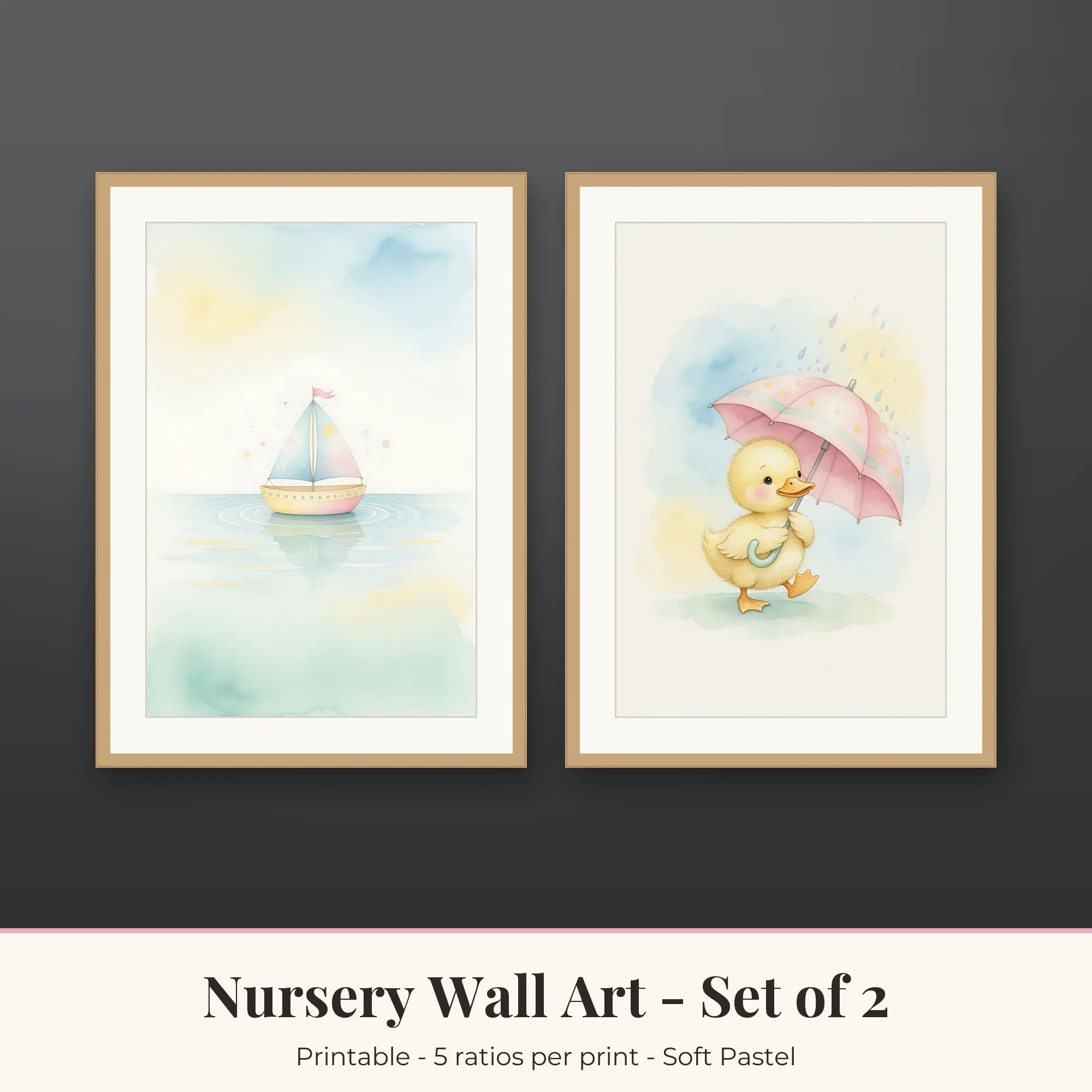 Nursery Wall Art Set of 2, Soft Pastel Sailboat & Little Duck preview